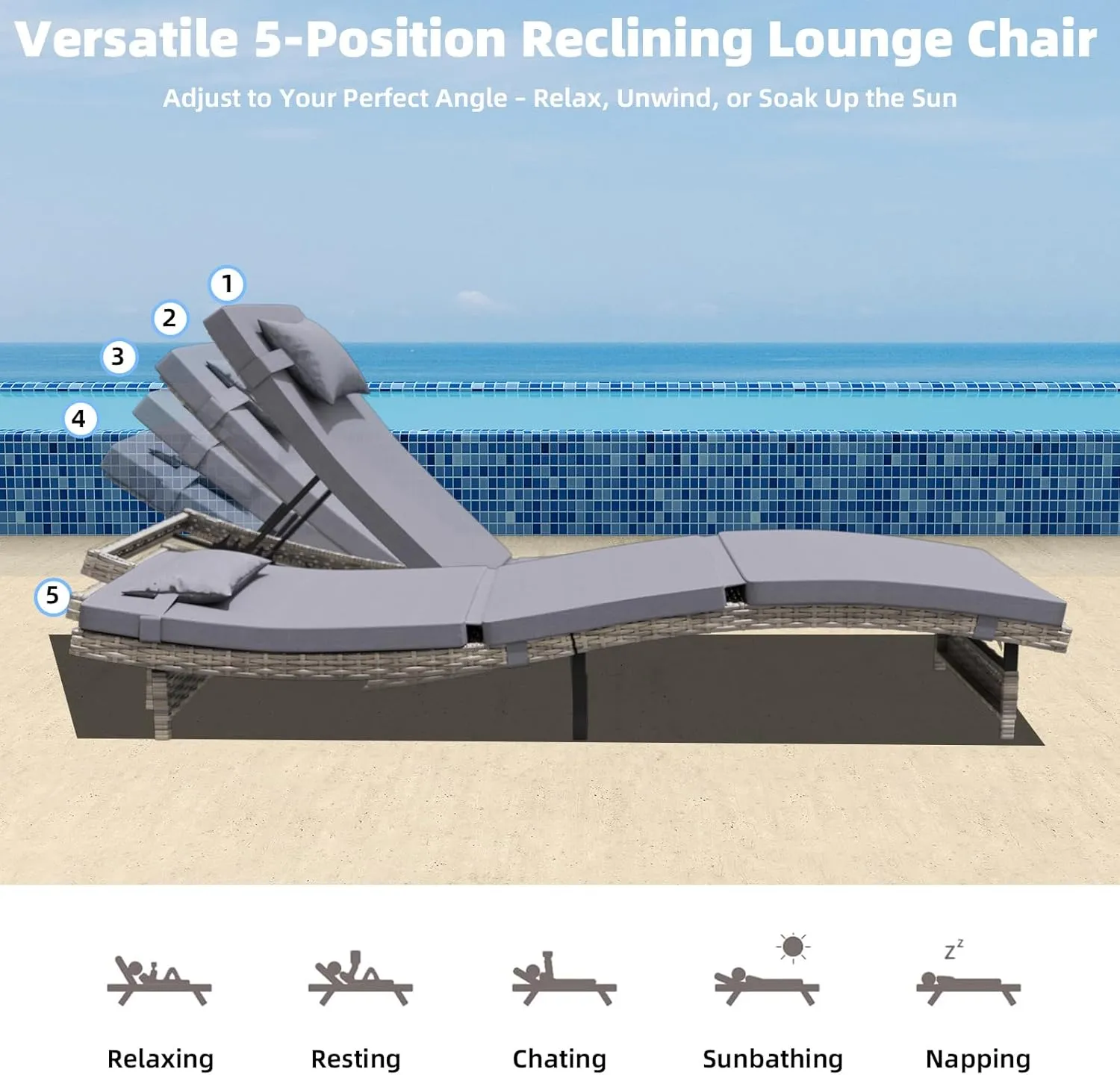 Long Reclining Chair Lounge Set (Set of 3), Modern Outdoor Patio Furniture with Adjustable Backrest & Side Table, Durable PE Wicker, Weather-Resistant Cushions, Grey