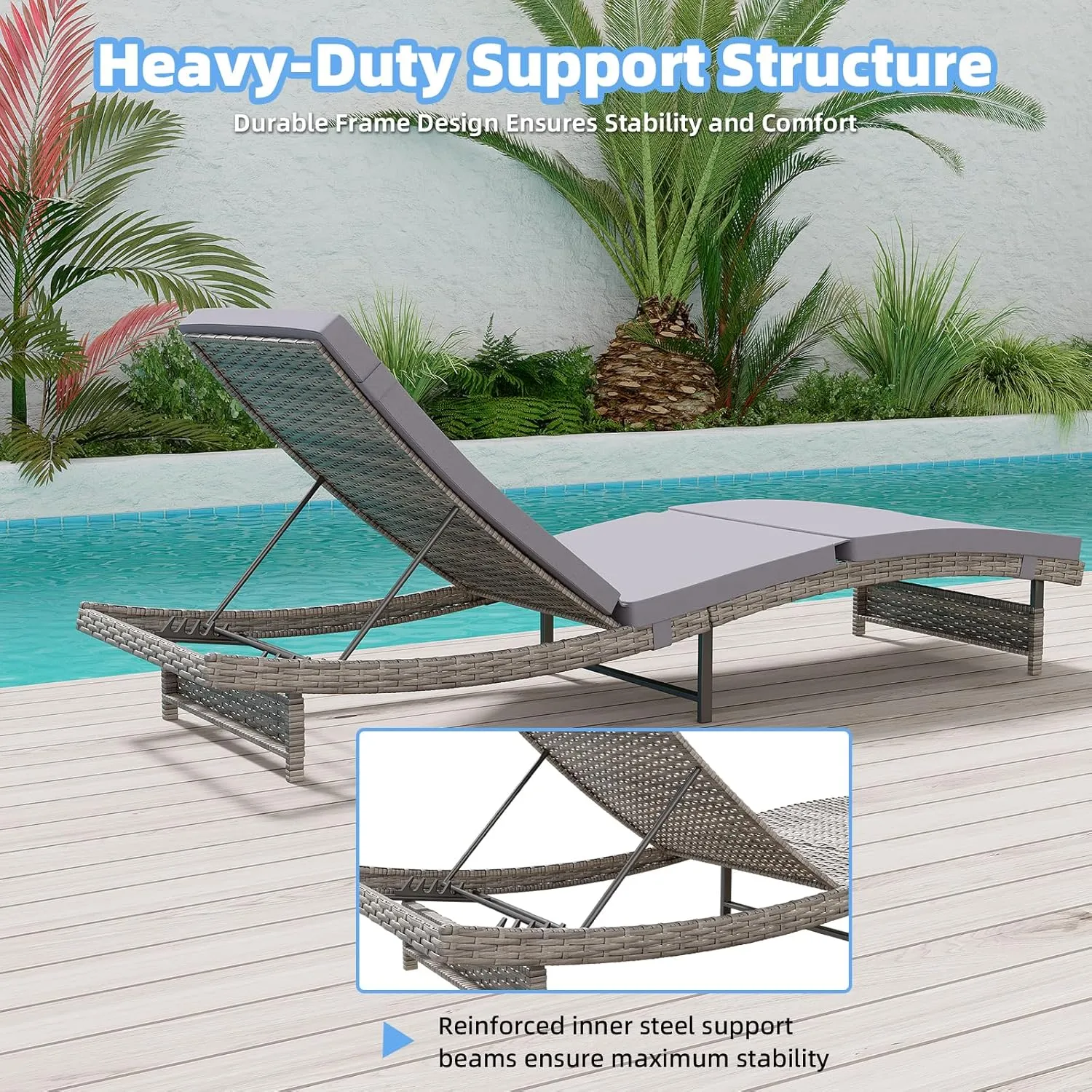 Long Reclining Chair Lounge Set (Set of 3), Modern Outdoor Patio Furniture with Adjustable Backrest & Side Table, Durable PE Wicker, Weather-Resistant Cushions, Grey
