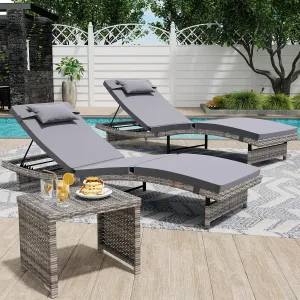 Long Reclining Chair Lounge Set (Set of 3), Modern Outdoor Patio Furniture with Adjustable Backrest & Side Table, Durable PE Wicker, Weather-Resistant Cushions, Grey