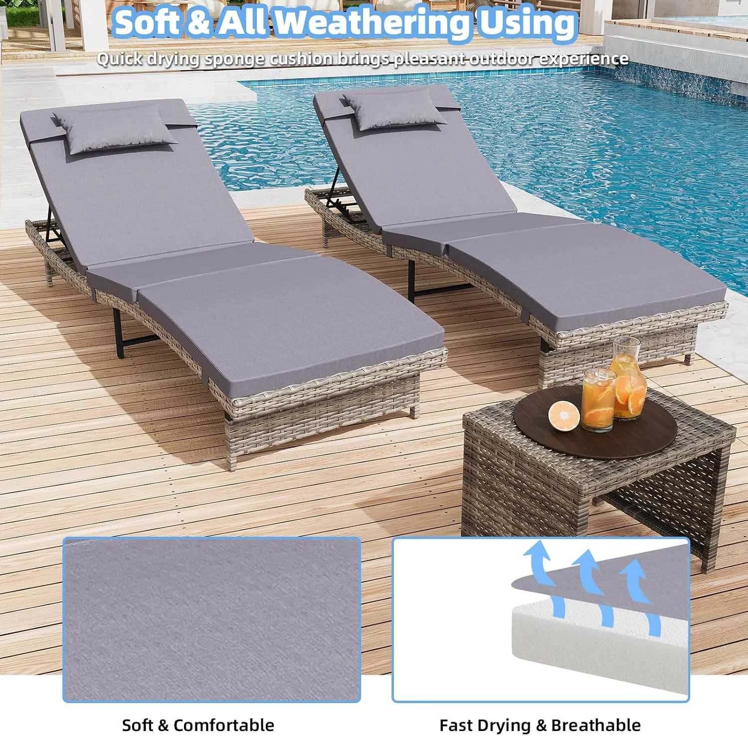 Long Reclining Chair Lounge Set (Set of 3), Modern Outdoor Patio Furniture with Adjustable Backrest & Side Table, Durable PE Wicker, Weather-Resistant Cushions, Grey