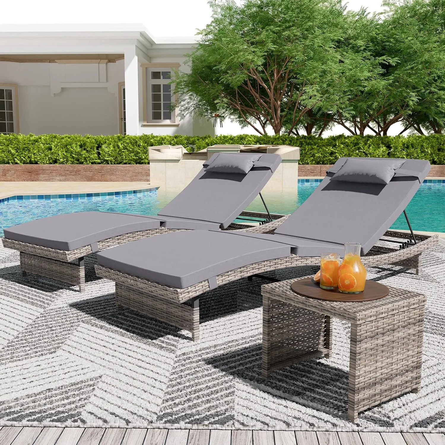 Long Reclining Chair Lounge Set (Set of 3), Modern Outdoor Patio Furniture with Adjustable Backrest & Side Table, Durable PE Wicker, Weather-Resistant Cushions, Grey
