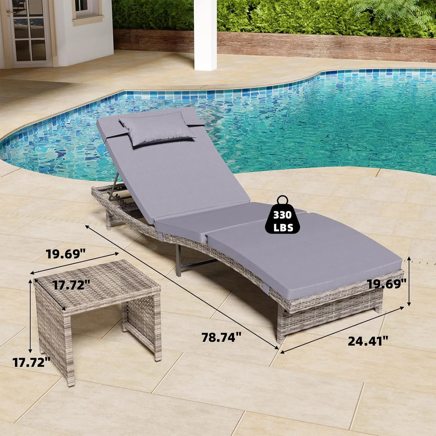 Long Reclining Chair Lounge Set (Set of 3), Modern Outdoor Patio Furniture with Adjustable Backrest & Side Table, Durable PE Wicker, Weather-Resistant Cushions, Grey