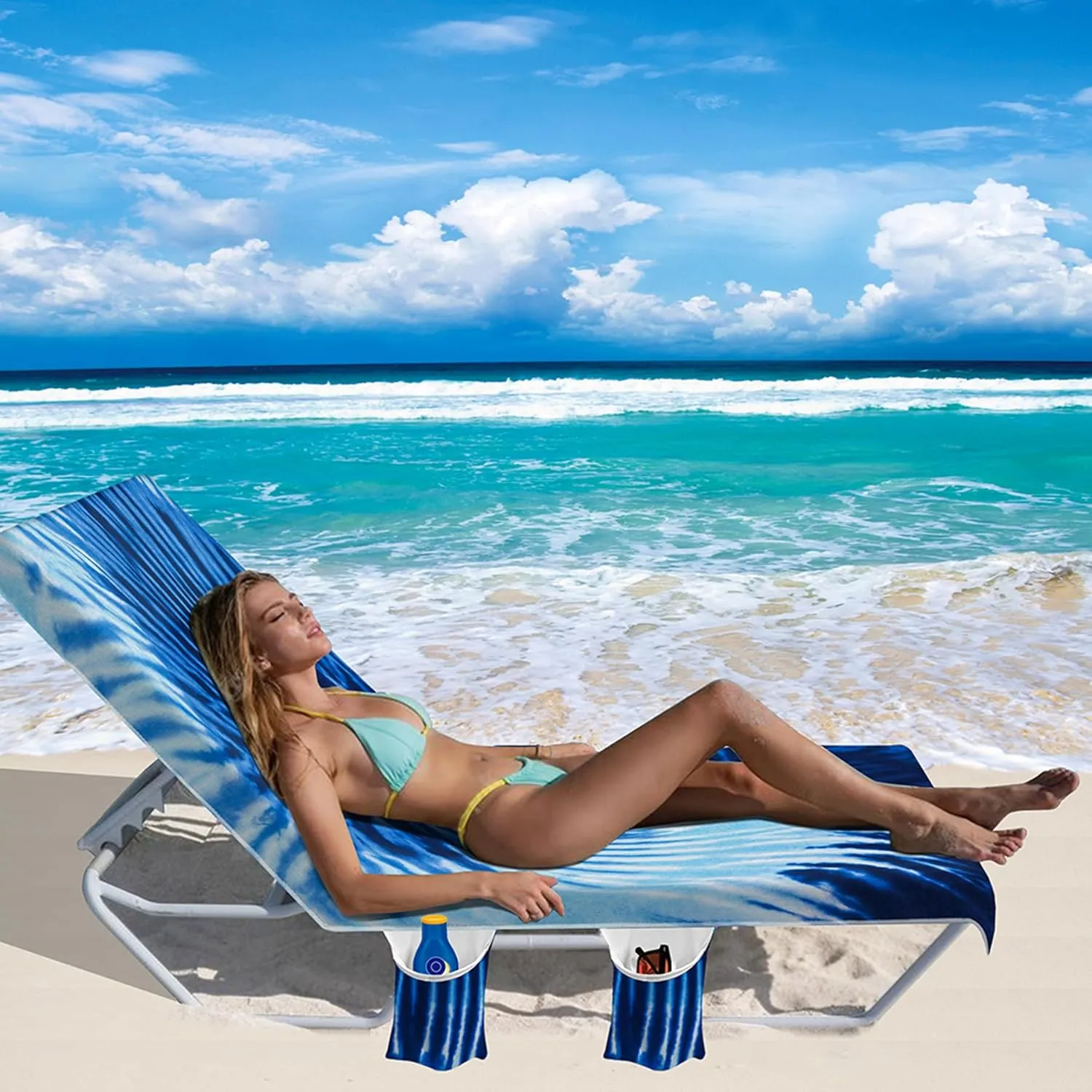 Lounge Chair Towel Cover, Tie Dye Style Chaise Lounge Cover, Beach Chair Covers with Pockets for Pool Sunbathing Beach Garden Courtyard Outdoor Trips, 85 x30 in, Blue Grey