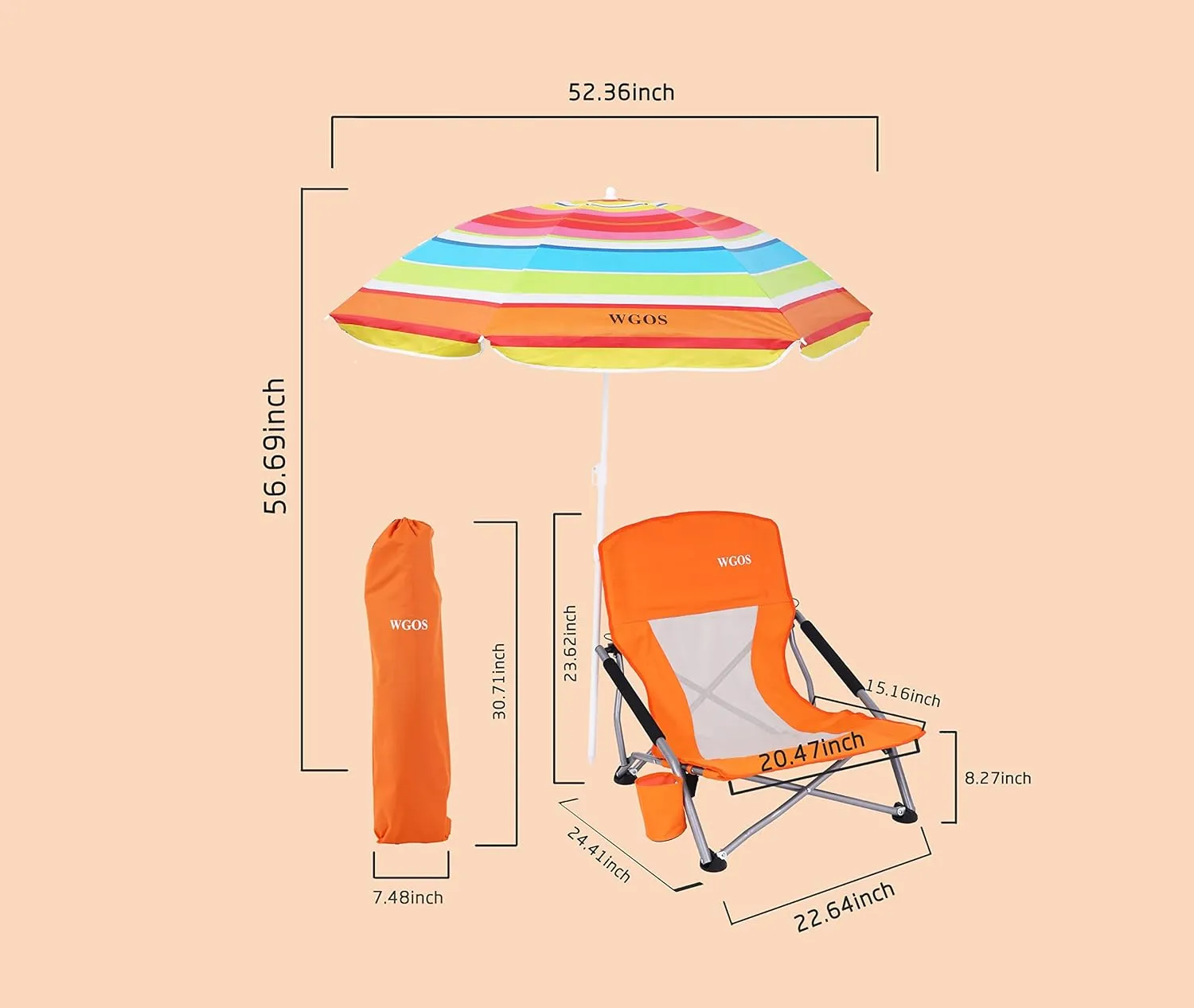 Low Beach Chair Beachs for Adults Beach Chair with Umbrella Folding Chair Detachable SPF 50  Umbrella, Armrests, Cup Holder, Portable Sand Chair (1-Pack Orange)