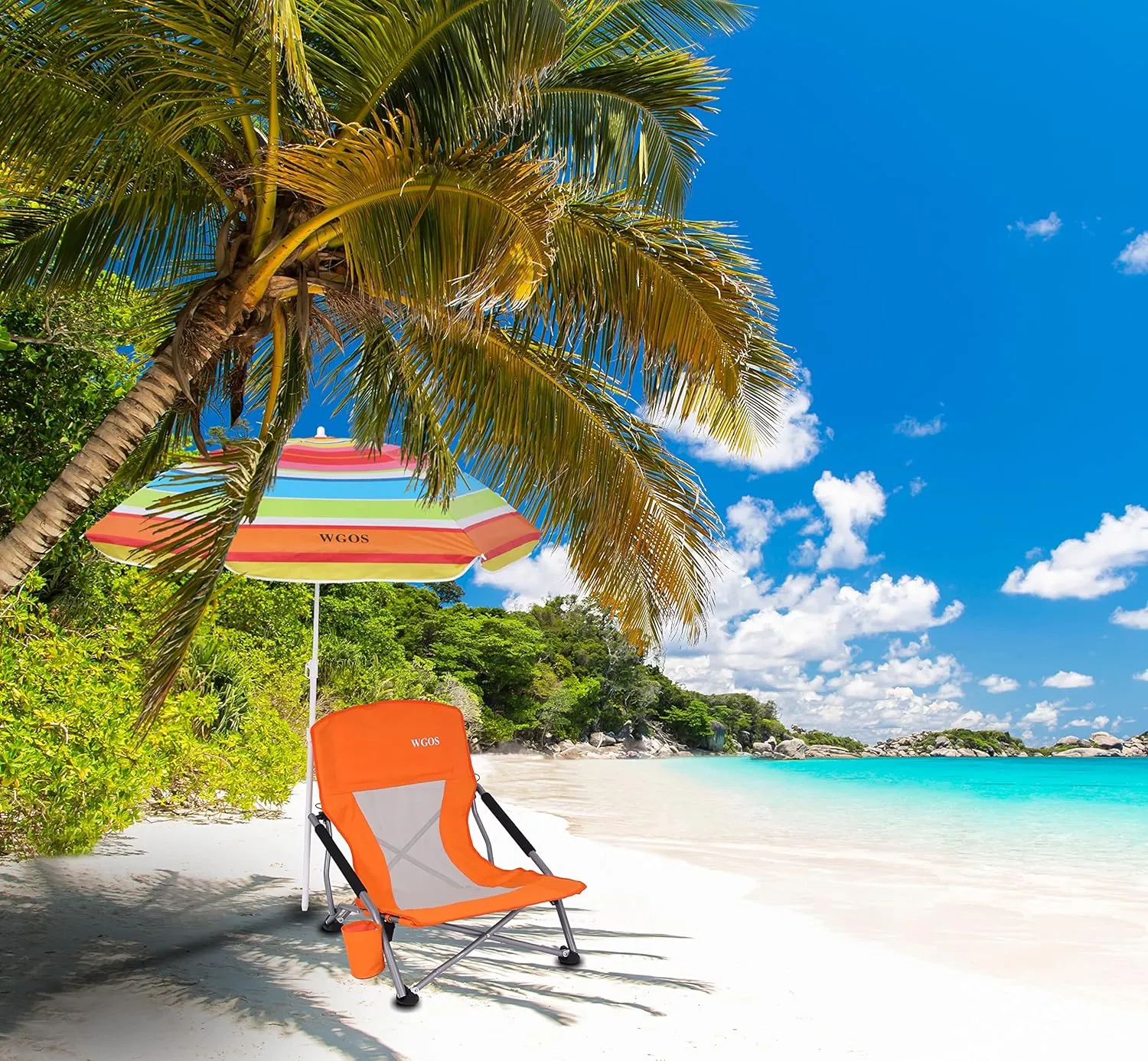 Low Beach Chair Beachs for Adults Beach Chair with Umbrella Folding Chair Detachable SPF 50  Umbrella, Armrests, Cup Holder, Portable Sand Chair (1-Pack Orange)