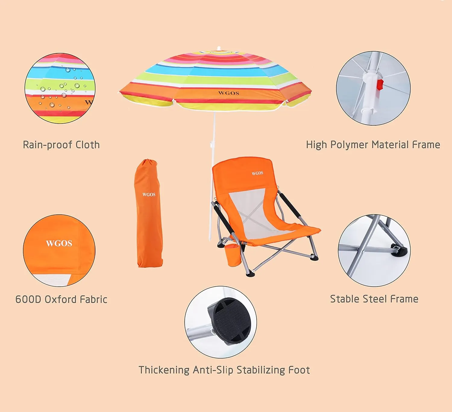 Low Beach Chair Beachs for Adults Beach Chair with Umbrella Folding Chair Detachable SPF 50  Umbrella, Armrests, Cup Holder, Portable Sand Chair (1-Pack Orange)