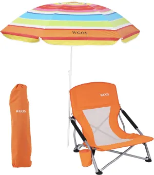 Low Beach Chair Beachs for Adults Beach Chair with Umbrella Folding Chair Detachable SPF 50  Umbrella, Armrests, Cup Holder, Portable Sand Chair (1-Pack Orange)