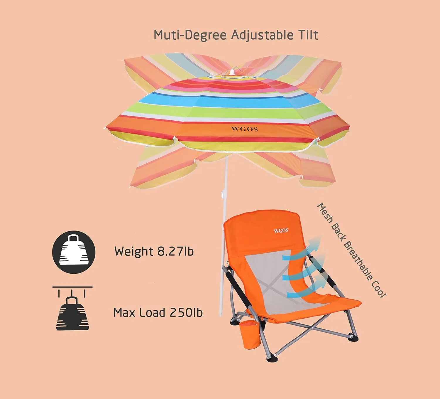 Low Beach Chair Beachs for Adults Beach Chair with Umbrella Folding Chair Detachable SPF 50  Umbrella, Armrests, Cup Holder, Portable Sand Chair (1-Pack Orange)