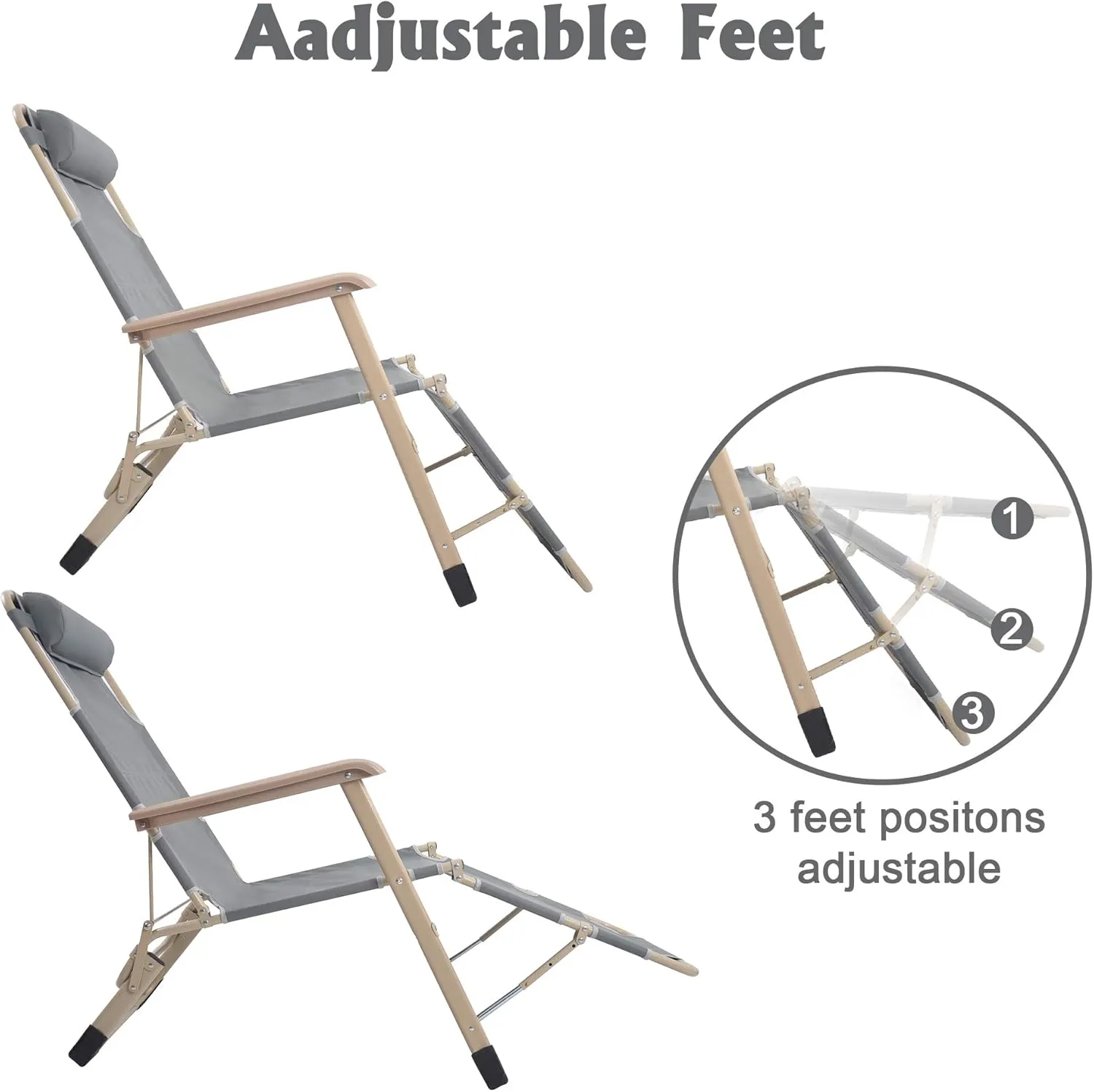 LUCKYERMORE Set of 2 Heavy Duty Lounge Chairs and Full Flat Cot 2 Positions, Folding Reclining Chairs for Outdoor Beach Pool Camping, Gray 70”L X 20.5”W, Grey