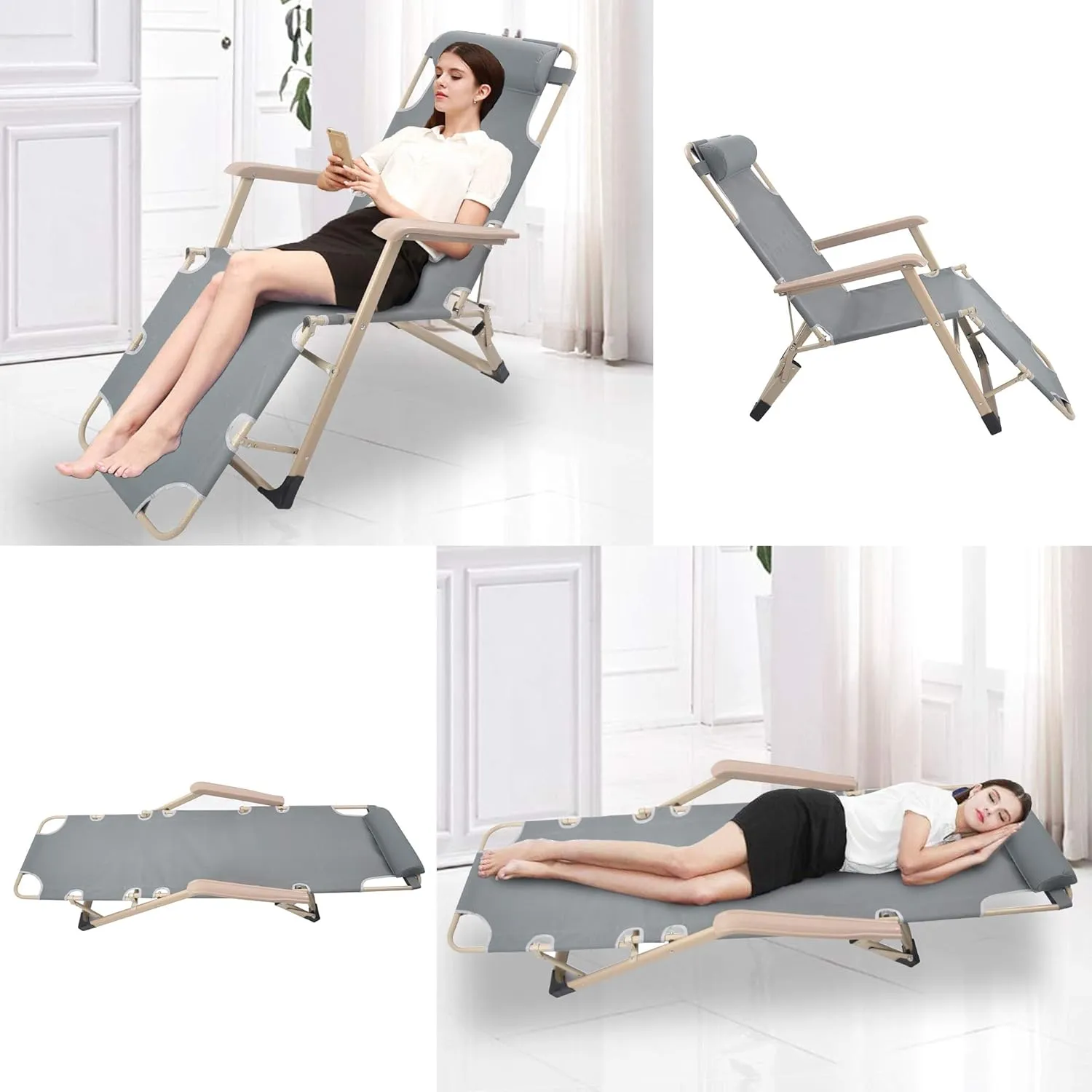 LUCKYERMORE Set of 2 Heavy Duty Lounge Chairs and Full Flat Cot 2 Positions, Folding Reclining Chairs for Outdoor Beach Pool Camping, Gray 70”L X 20.5”W, Grey