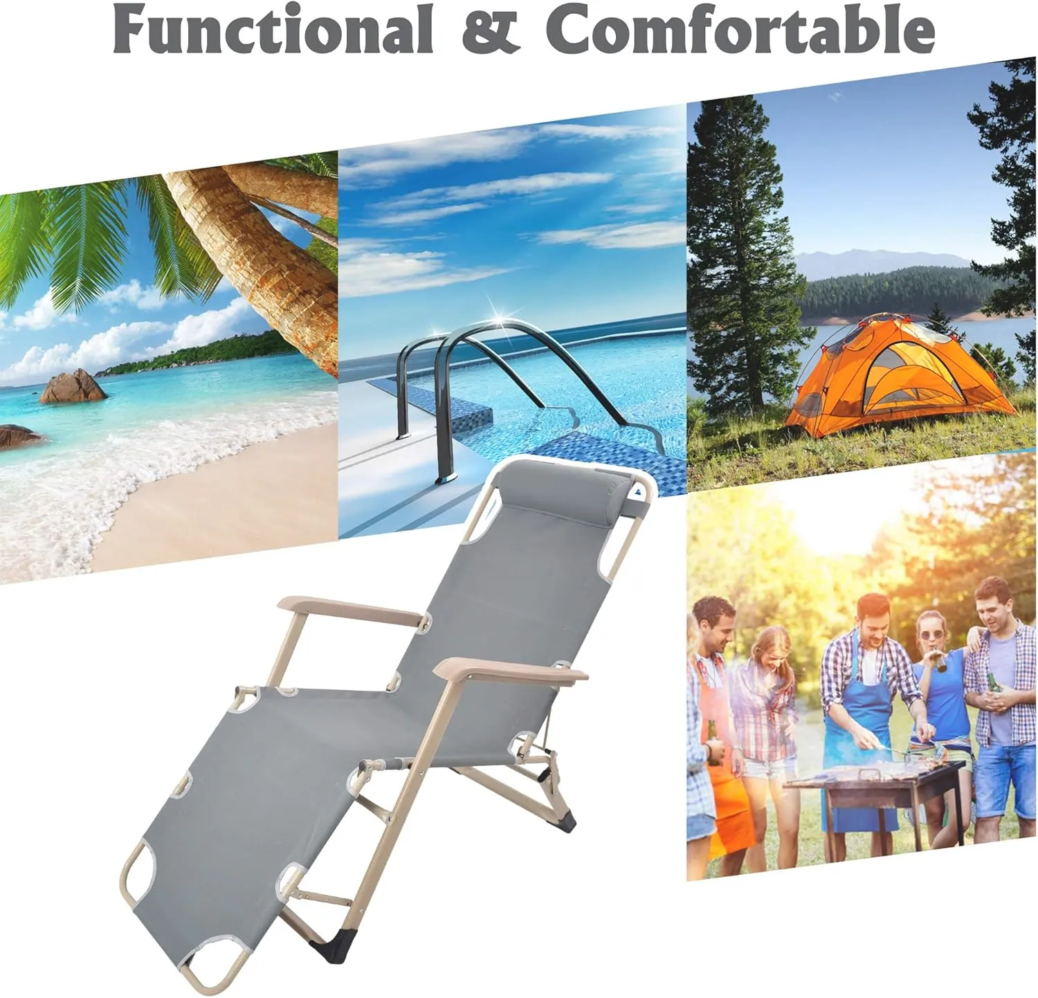 LUCKYERMORE Set of 2 Heavy Duty Lounge Chairs and Full Flat Cot 2 Positions, Folding Reclining Chairs for Outdoor Beach Pool Camping, Gray 70”L X 20.5”W, Grey