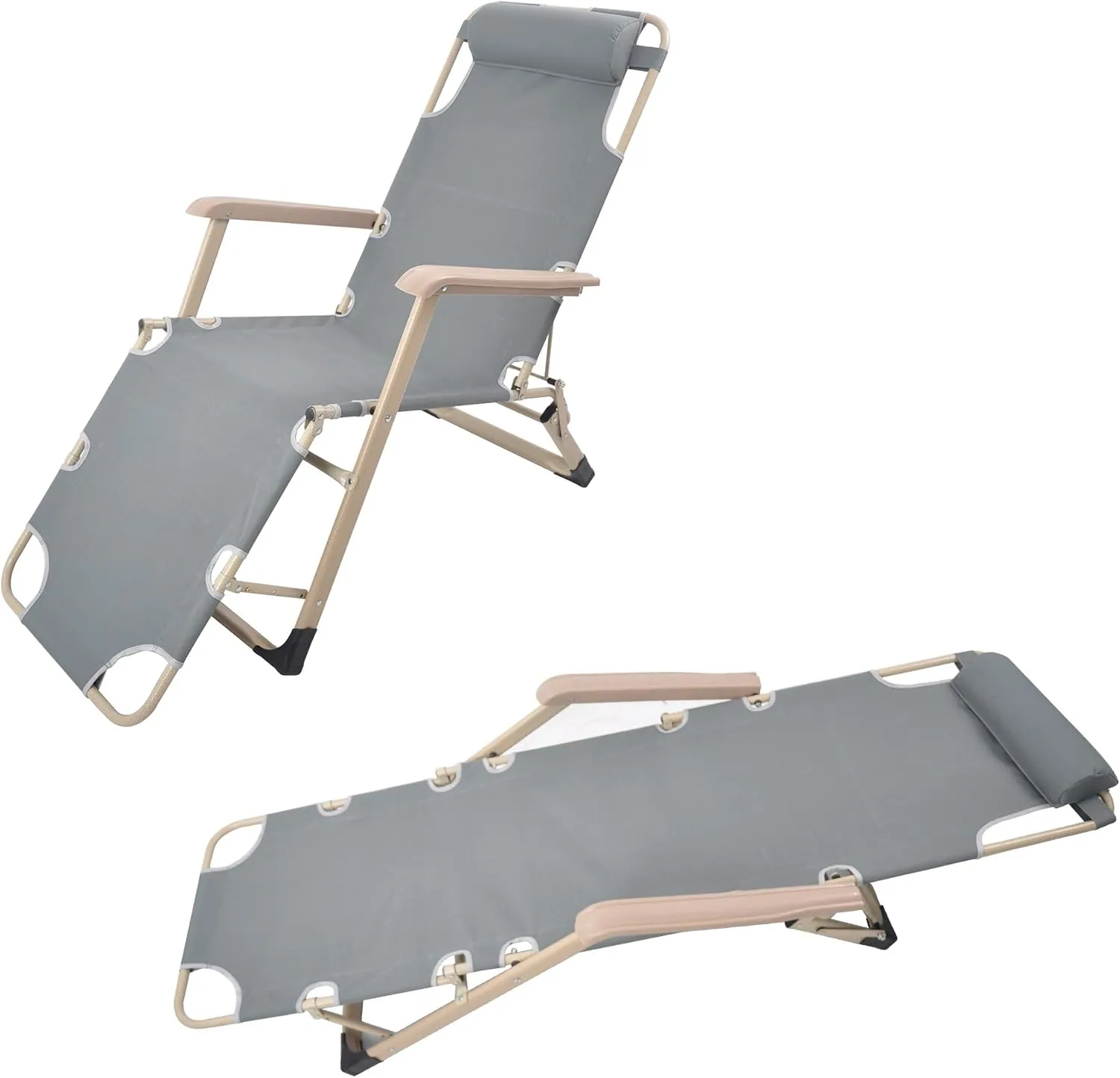 LUCKYERMORE Set of 2 Heavy Duty Lounge Chairs and Full Flat Cot 2 Positions, Folding Reclining Chairs for Outdoor Beach Pool Camping, Gray 70”L X 20.5”W, Grey