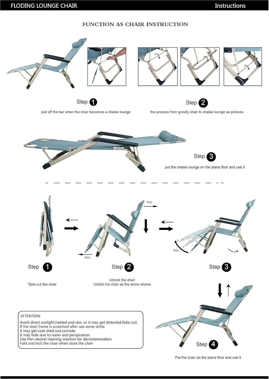 LUCKYERMORE Set of 2 Heavy Duty Lounge Chairs and Full Flat Cot 2 Positions, Folding Reclining Chairs for Outdoor Beach Pool Camping, Gray 70”L X 20.5”W, Grey