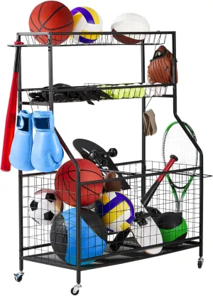 LUGO Heavy-Duty Rolling Sports Equipment Organizer – Ball Storage Rack with Lockable Wheels, Shelves, Baskets & Hooks – Garage, Home & Outdoor Sports Gear Holder for Basketballs, Toys, Helmets & More