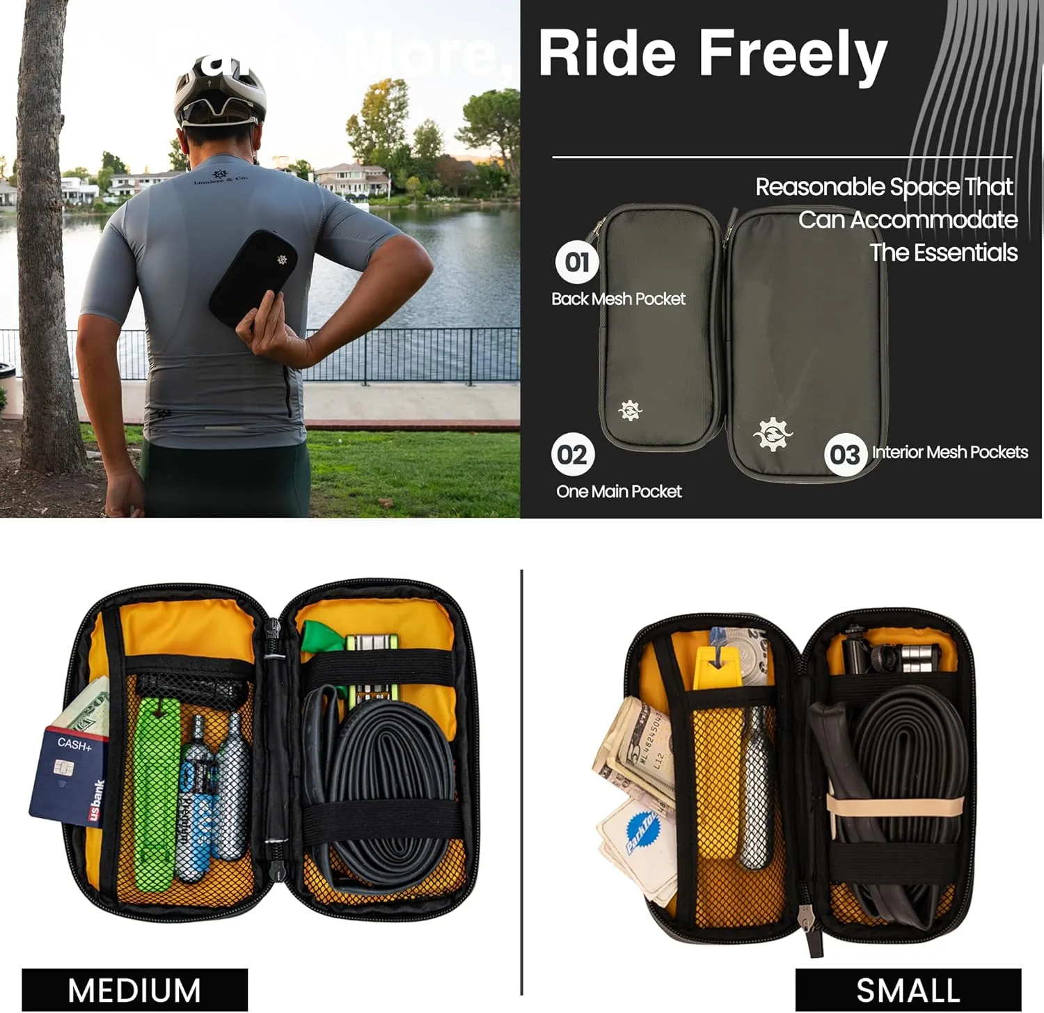 Lumiere & Co. Cycling Wallet Waterproof | Biking Wallet and Cycling Pouch for Jersey | Cycling Phone Wallet for Bicycle with Zipped Pockets (Black, Small)