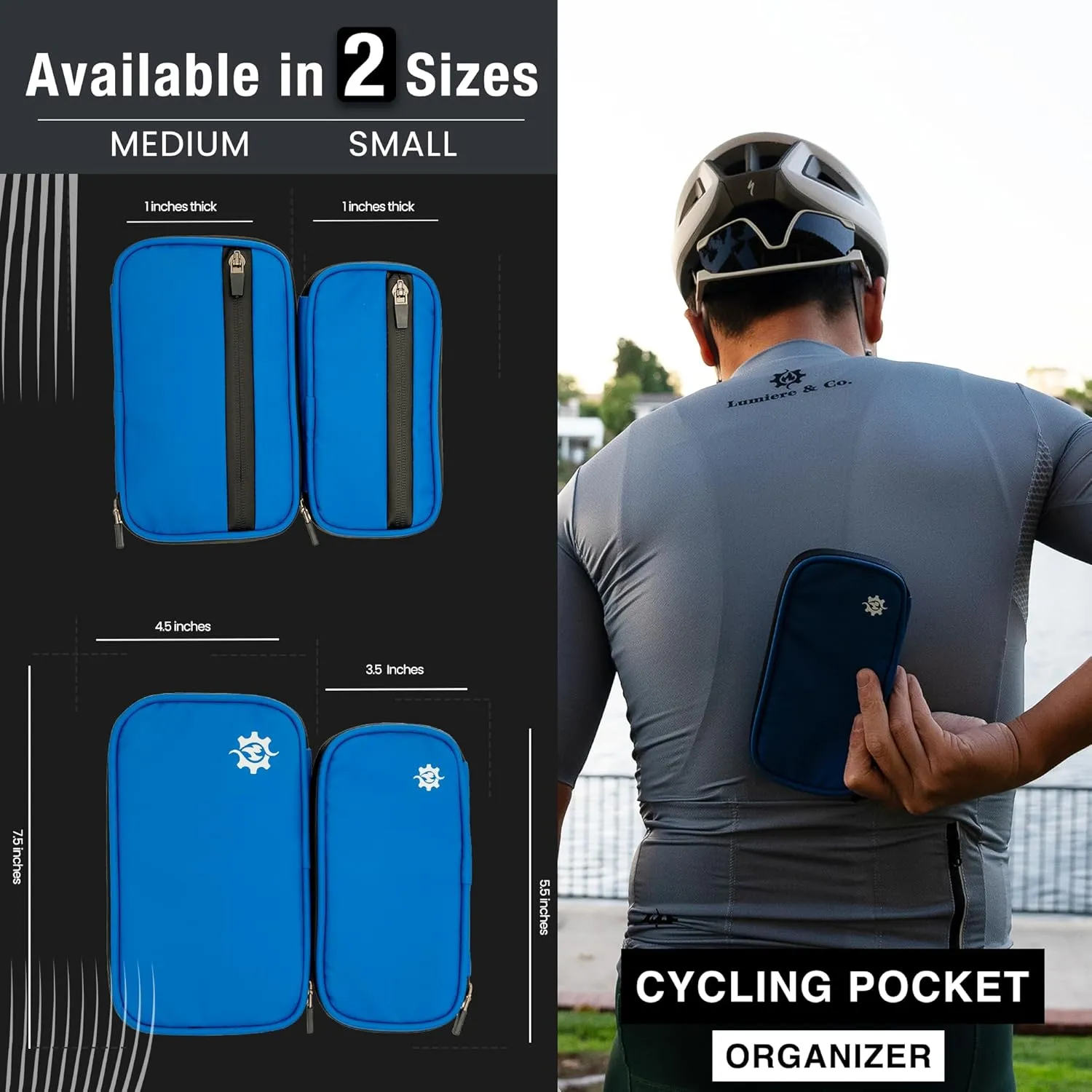 Lumiere & Co. Cycling Wallet Waterproof | Biking Wallet and Cycling Pouch for Jersey | Cycling Phone Wallet for Bicycle with Zipped Pockets (Blue, Medium)