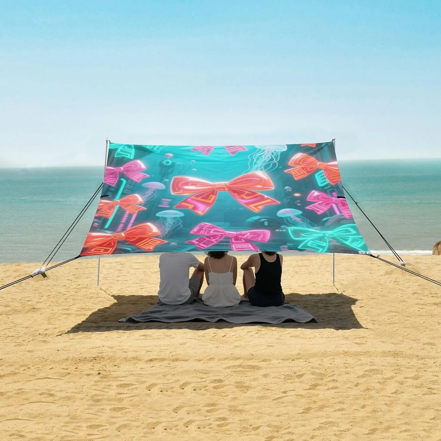 Luminous Colorful Bows Jellyfish Beach Canopy Tent Anti-UV & Wind Resistant, Camping Sun Shelter Easy Setup Portable,Outdoor Shade Tents with Sandbags,Sand Shovels,Ground Pegs & Stability Poles