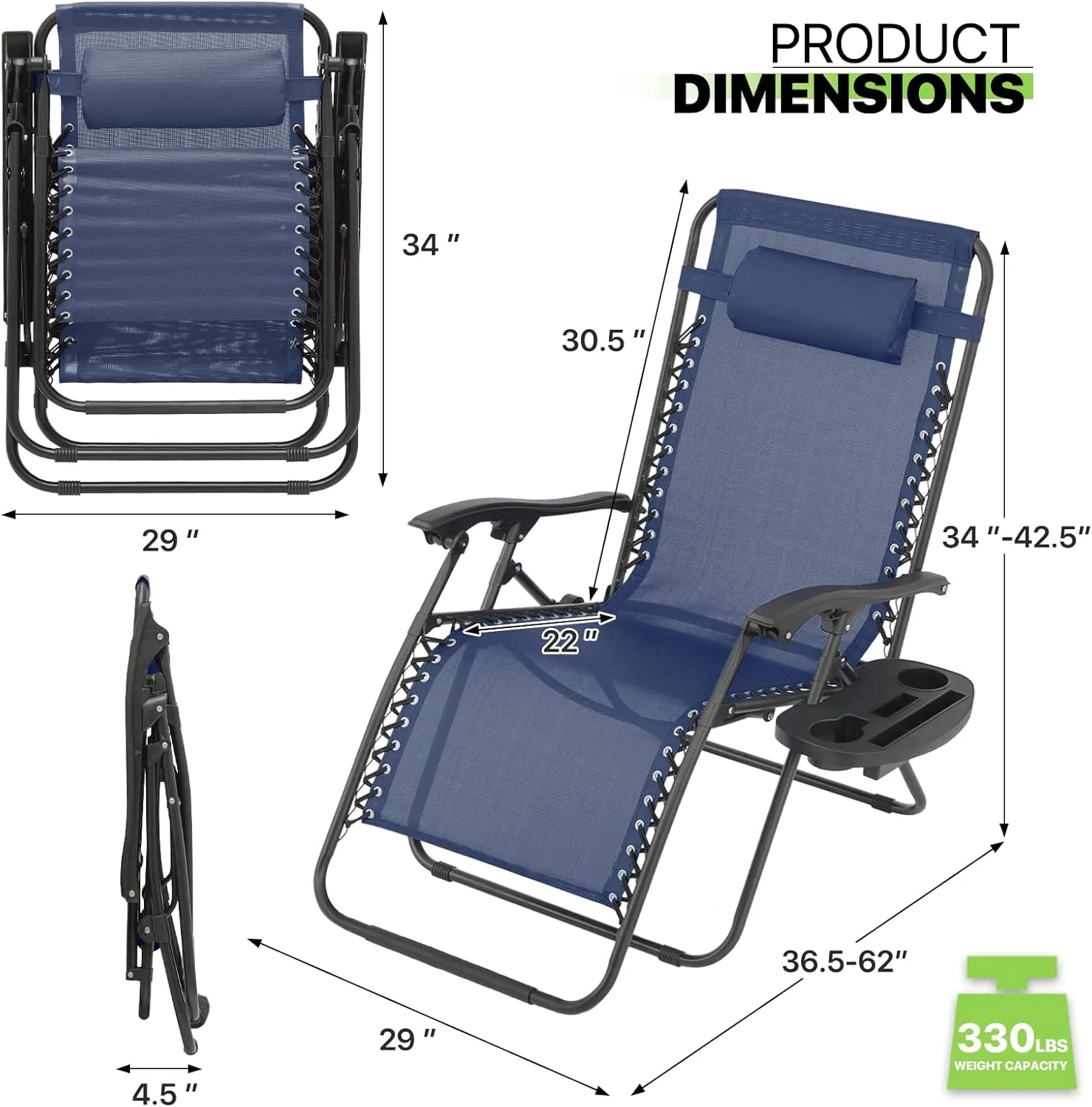 Magshion 29-Inch Zero Gravity Lounge Chairs Set of 2 with Cup Holder Tray, XL Patio Recliner Chair Foldable Outdoor Anti-Gravity Chairs, Navy Blue(330lb Weight Capacity)