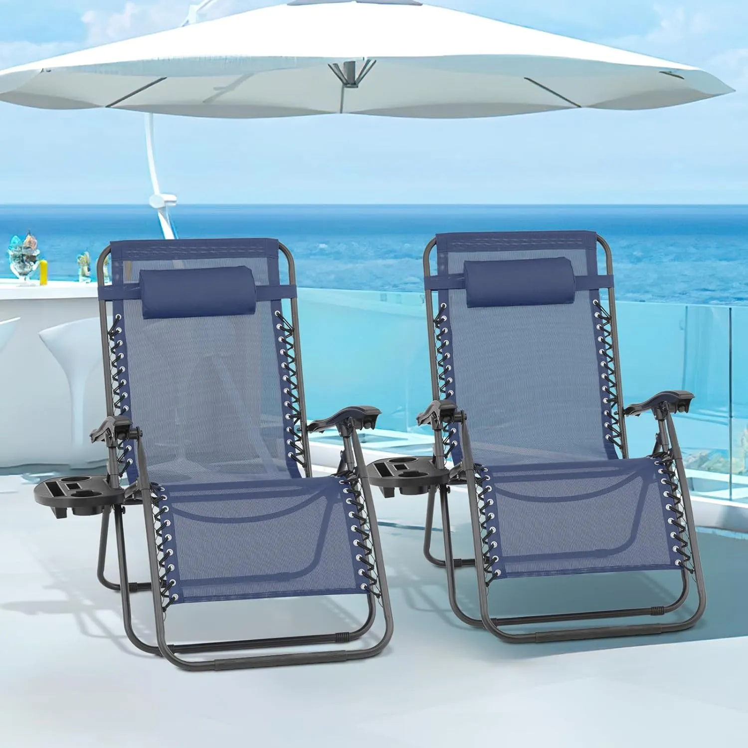 Magshion 29-Inch Zero Gravity Lounge Chairs Set of 2 with Cup Holder Tray, XL Patio Recliner Chair Foldable Outdoor Anti-Gravity Chairs, Navy Blue(330lb Weight Capacity)