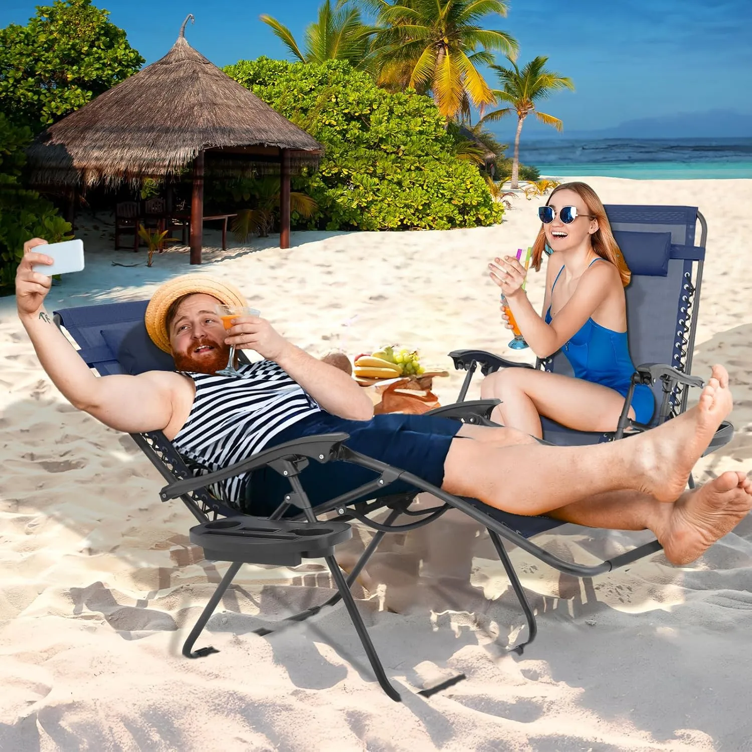 Magshion 29-Inch Zero Gravity Lounge Chairs Set of 2 with Cup Holder Tray, XL Patio Recliner Chair Foldable Outdoor Anti-Gravity Chairs, Navy Blue(330lb Weight Capacity)
