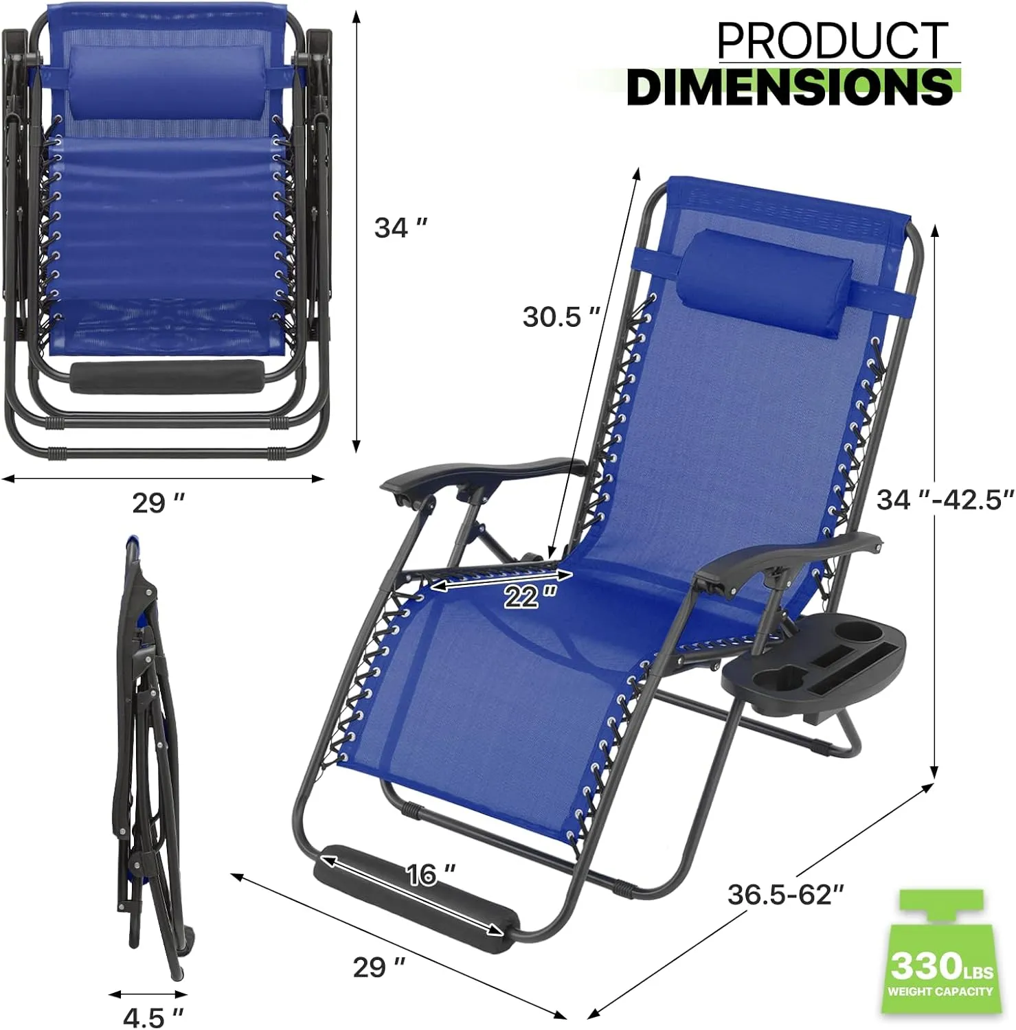 Magshion Oversized XL Zero Gravity Lounge Chairs Set of 2 with Cup Holder Tray, 29" Patio Recliner Chair Foldable Outdoor Anti-Gravity Chairs with Foot Rest Cushion, Blue (330lb Weight Capacity)