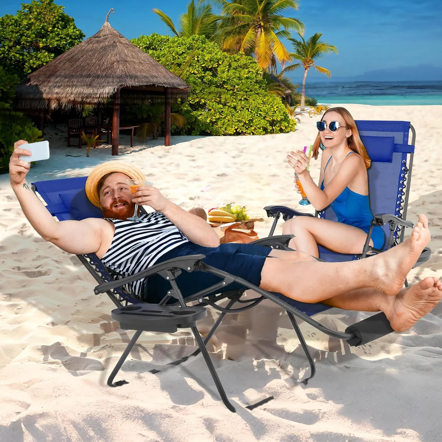 Magshion Oversized XL Zero Gravity Lounge Chairs Set of 2 with Cup Holder Tray, 29" Patio Recliner Chair Foldable Outdoor Anti-Gravity Chairs with Foot Rest Cushion, Blue (330lb Weight Capacity)