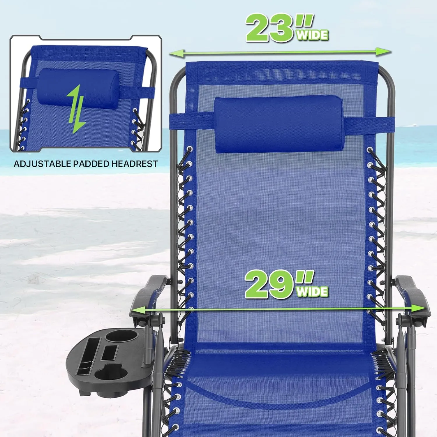Magshion Oversized XL Zero Gravity Lounge Chairs Set of 2 with Cup Holder Tray, 29" Patio Recliner Chair Foldable Outdoor Anti-Gravity Chairs with Foot Rest Cushion, Blue (330lb Weight Capacity)