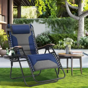 MAISON ARTS Oversized XXL Padded Zero Gravity Lounge Chair 30" Wide Seat Anti Gravity Lawn Chair Foldable Recliner Outdoor Camp Chair for Poolside Backyard Beach, Support 400LBS, Blue & Grey