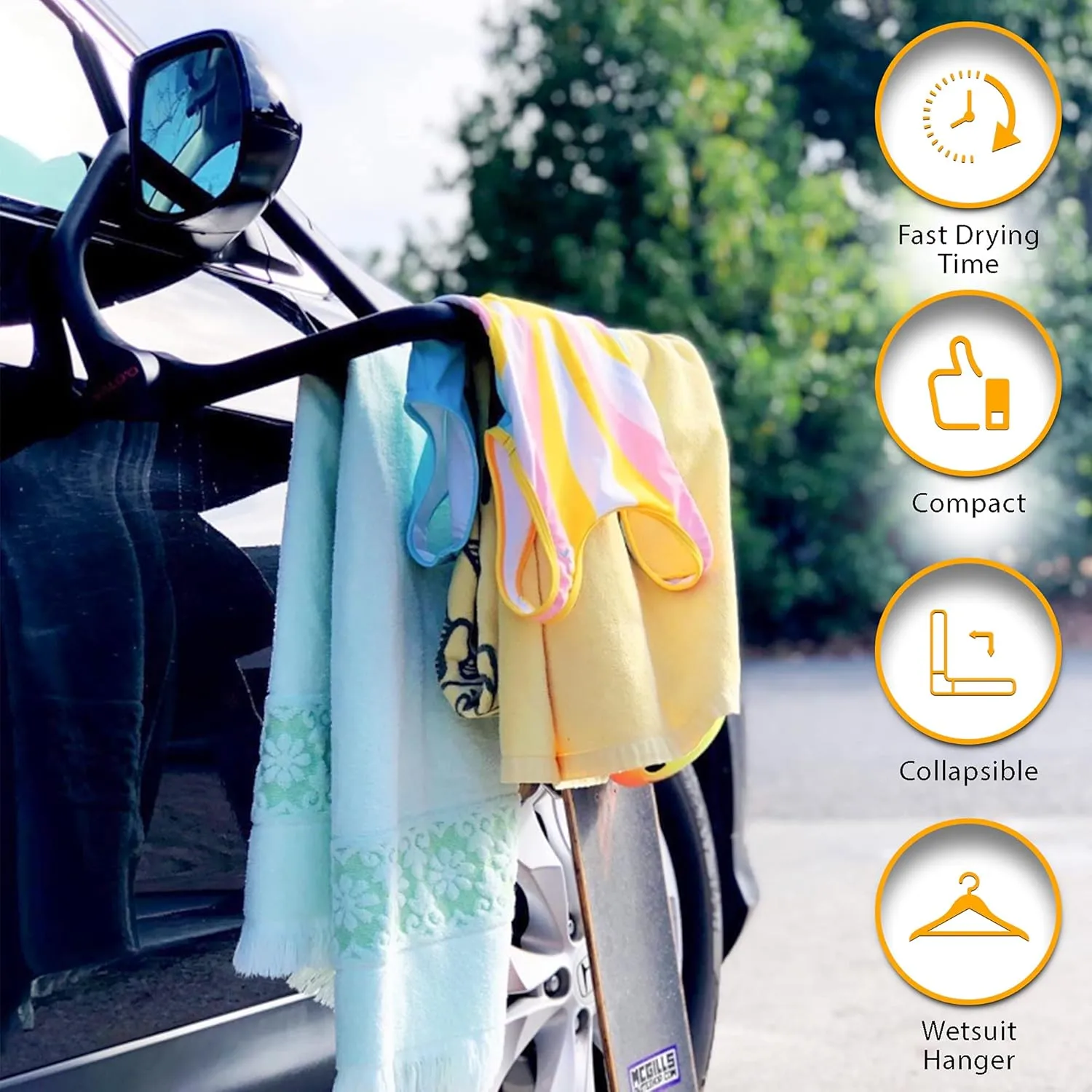 Malo'o Portable Drying Rack – Perfect for Wetsuit Drying, Camping, Fishing & Scuba Gear. The Heavy Duty Hangers Have 2 Drying Bars for Wet Suits or Hockey Gear and can Hang Off The Side View Mirror