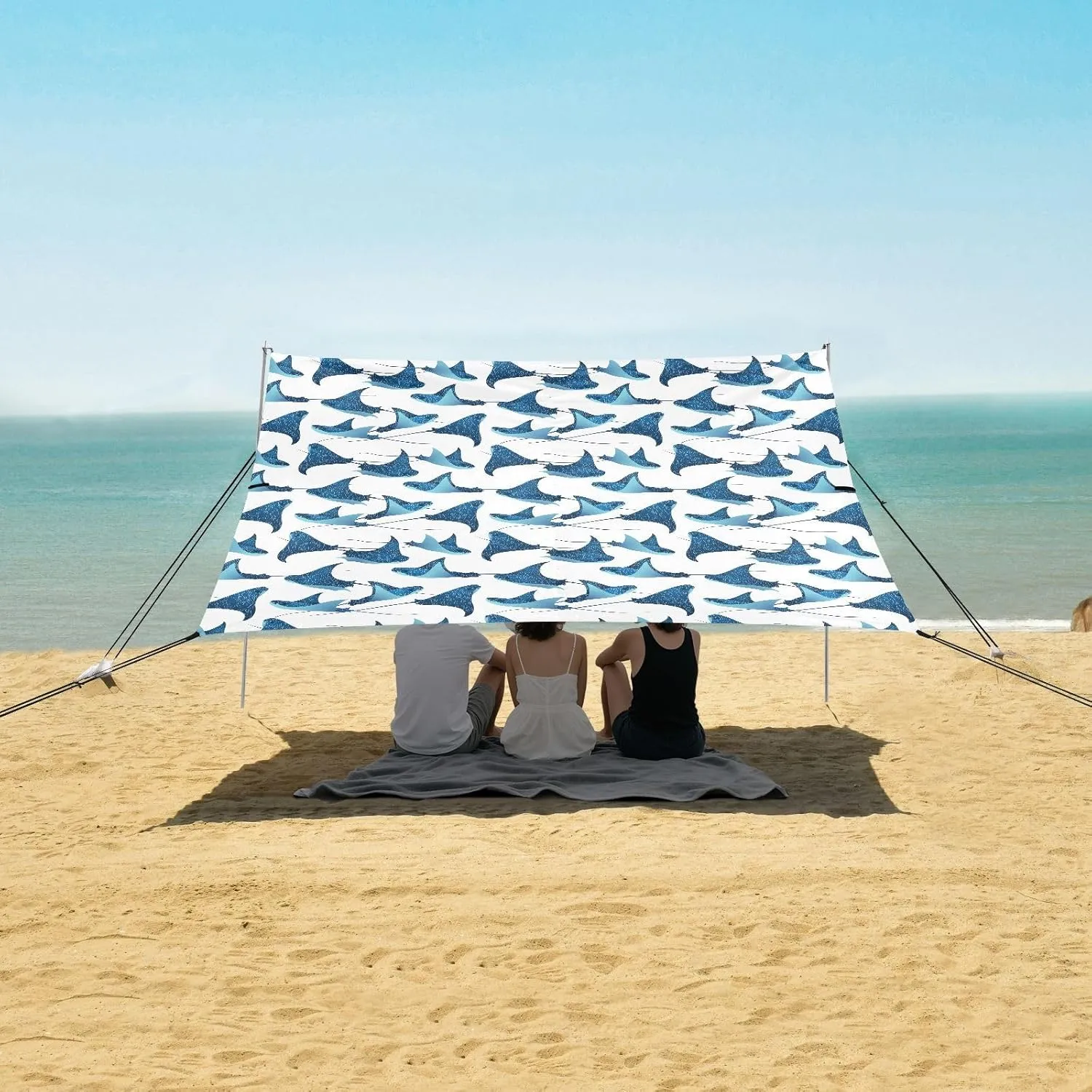 Manta Ray Fishes Beach Canopy Tent Anti-UV & Wind Resistant, Marine Animals Camping Sun Shelter Easy Setup Portable,Outdoor Shade Tents with Sandbags,Sand Shovels,Ground Pegs & Stability Poles