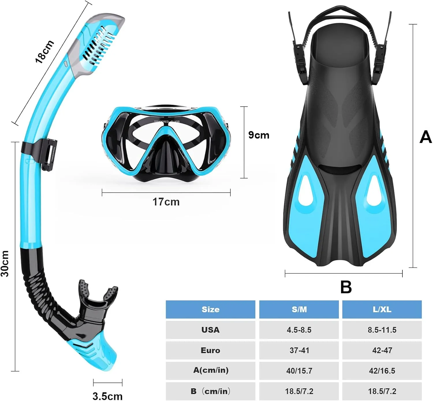 Mask Fin Snorkel Set, Snorkeling Gear for Adults with Panoramic View Mask, Dry Top Snorkel, Adjustable Swim Fins and Travel Bag, Man Woman Snorkel Gear for Swimming Snorkeling Diving