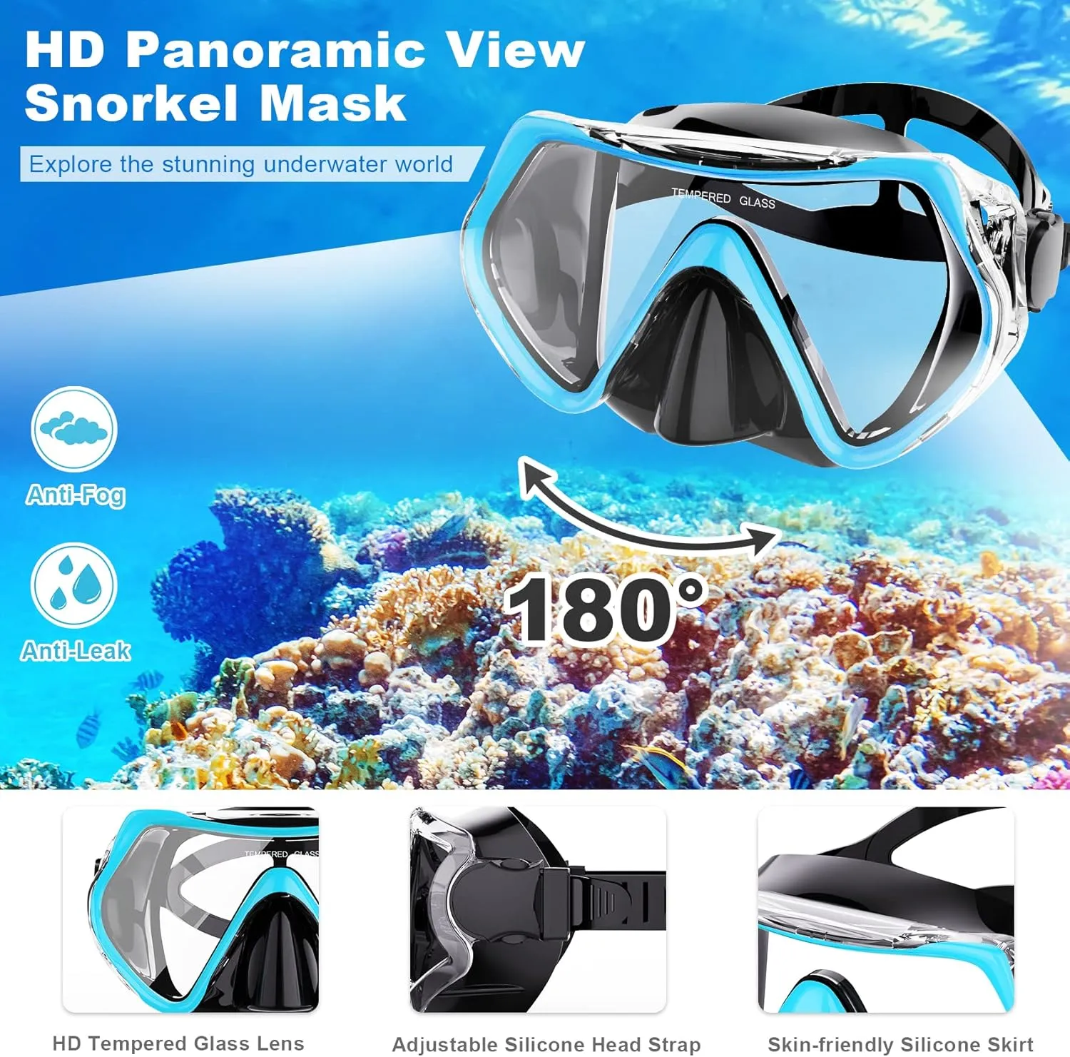 Mask Fin Snorkel Set, Snorkeling Gear for Adults with Panoramic View Mask, Dry Top Snorkel, Adjustable Swim Fins and Travel Bag, Man Woman Snorkel Gear for Swimming Snorkeling Diving