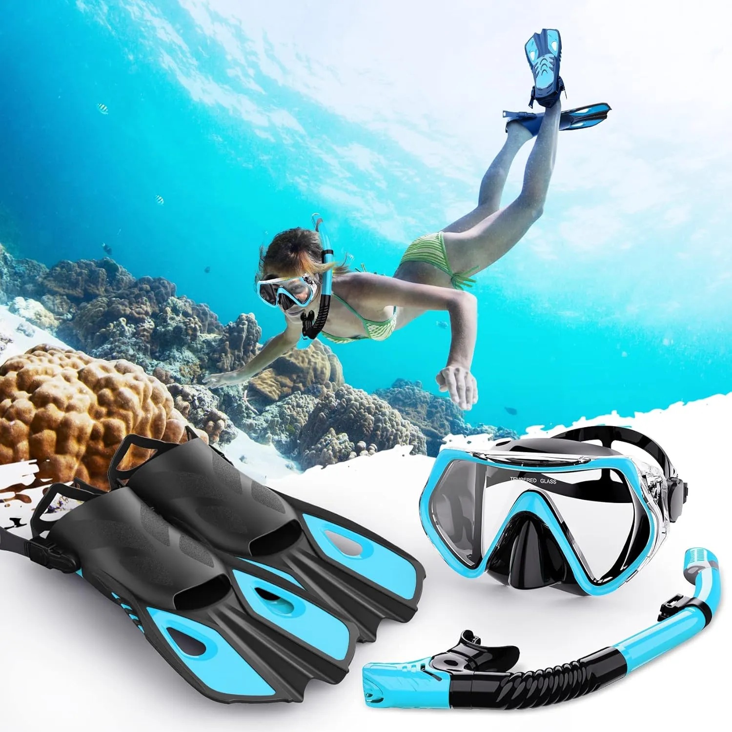 Mask Fin Snorkel Set, Snorkeling Gear for Adults with Panoramic View Mask, Dry Top Snorkel, Adjustable Swim Fins and Travel Bag, Man Woman Snorkel Gear for Swimming Snorkeling Diving