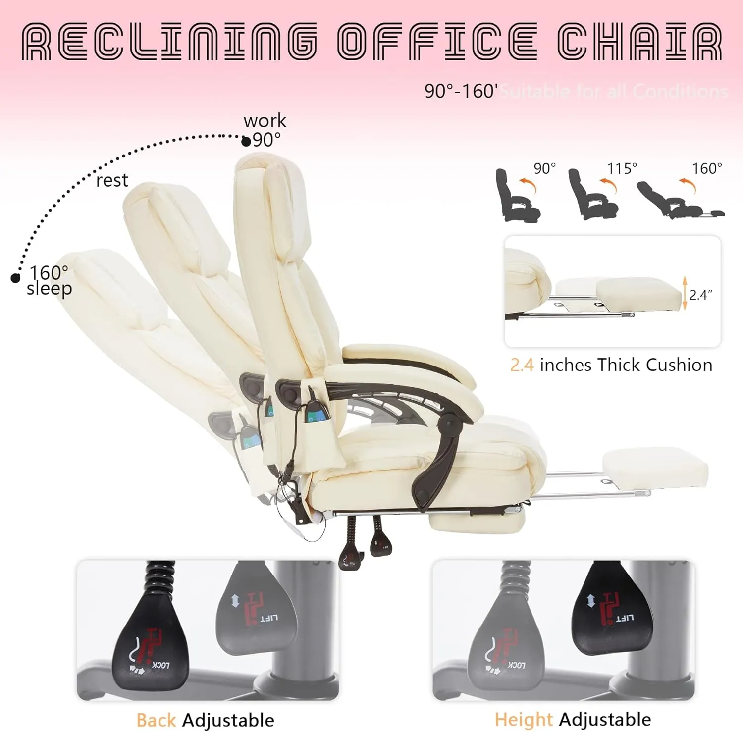 Massage Office Chair with Foot Rest 6 Points Vibration and Heat Home Office Desk Chairs for Heavy People 400lbs Reclining Managerial Chairs Ergonomic Executive Chair (Cream)