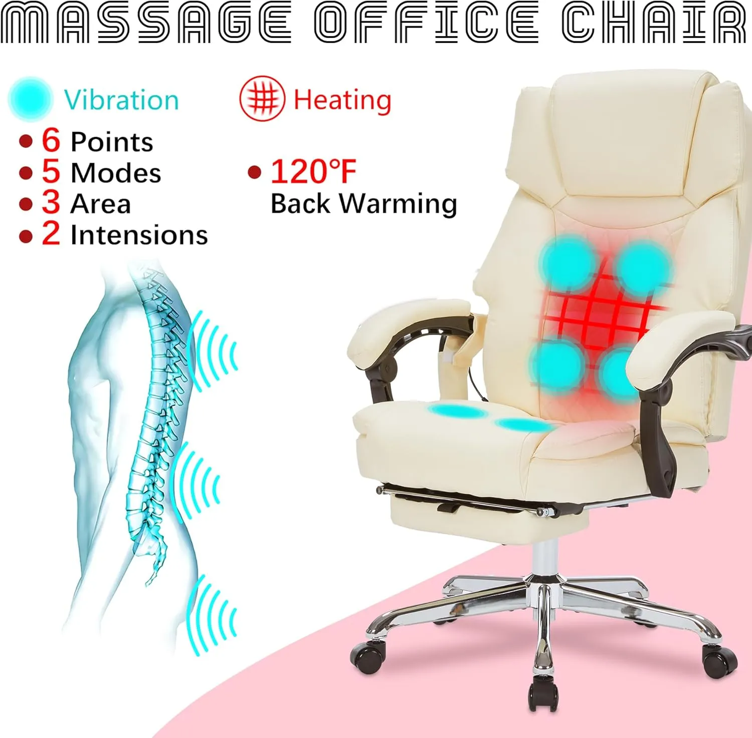 Massage Office Chair with Foot Rest 6 Points Vibration and Heat Home Office Desk Chairs for Heavy People 400lbs Reclining Managerial Chairs Ergonomic Executive Chair (Cream)