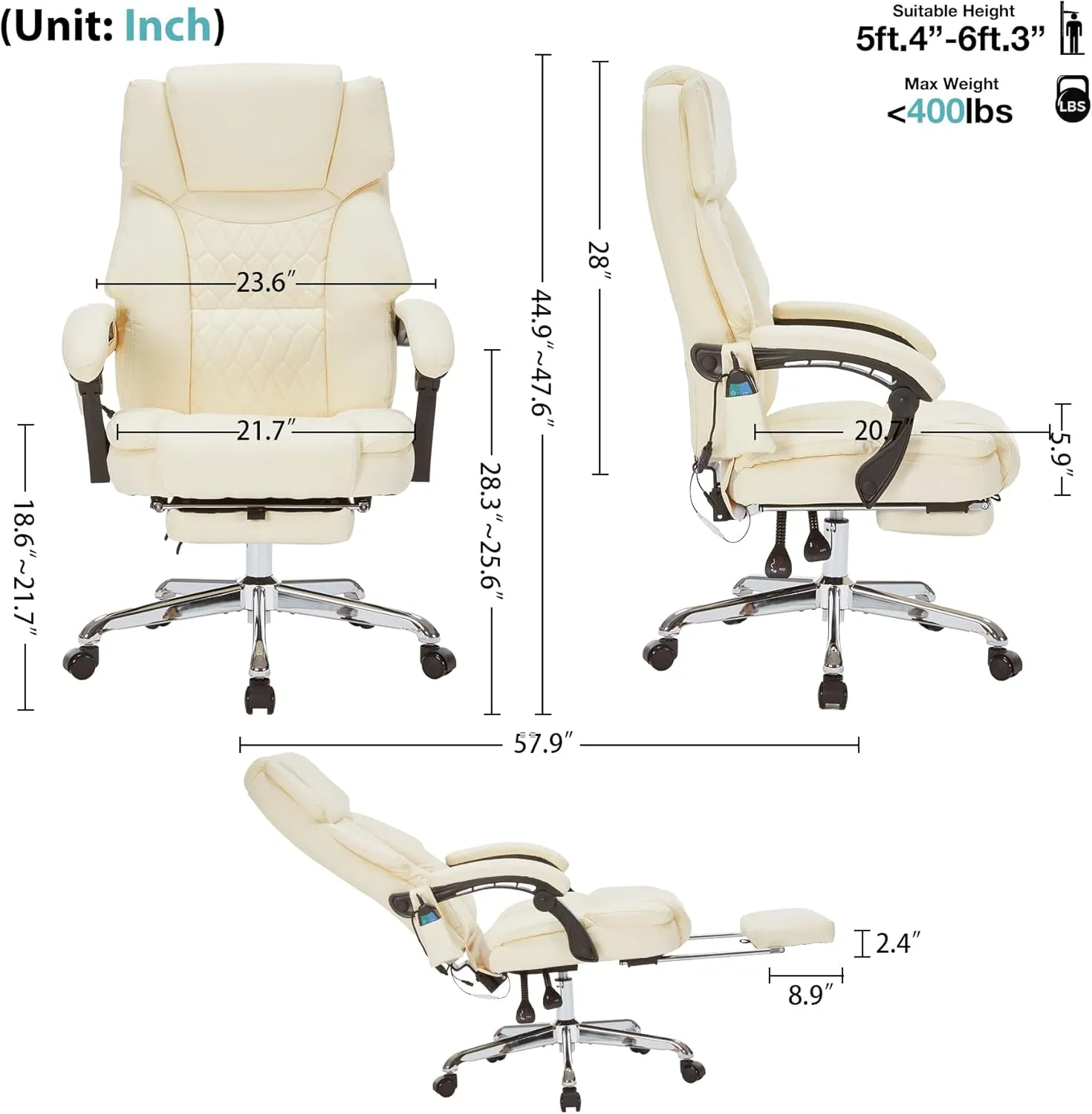 Massage Office Chair with Foot Rest 6 Points Vibration and Heat Home Office Desk Chairs for Heavy People 400lbs Reclining Managerial Chairs Ergonomic Executive Chair (Cream)