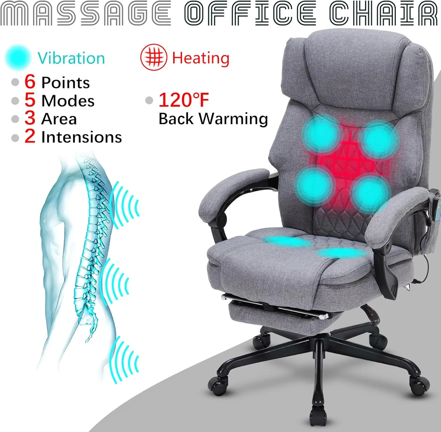 Massage Office Chair with Heat,Reclining Office Chair with Foot Rest,6 Points Vibration Home Desk Chairs for Heavy People 400lbs,Ergonomic Managerial Executive Chair (Grey)