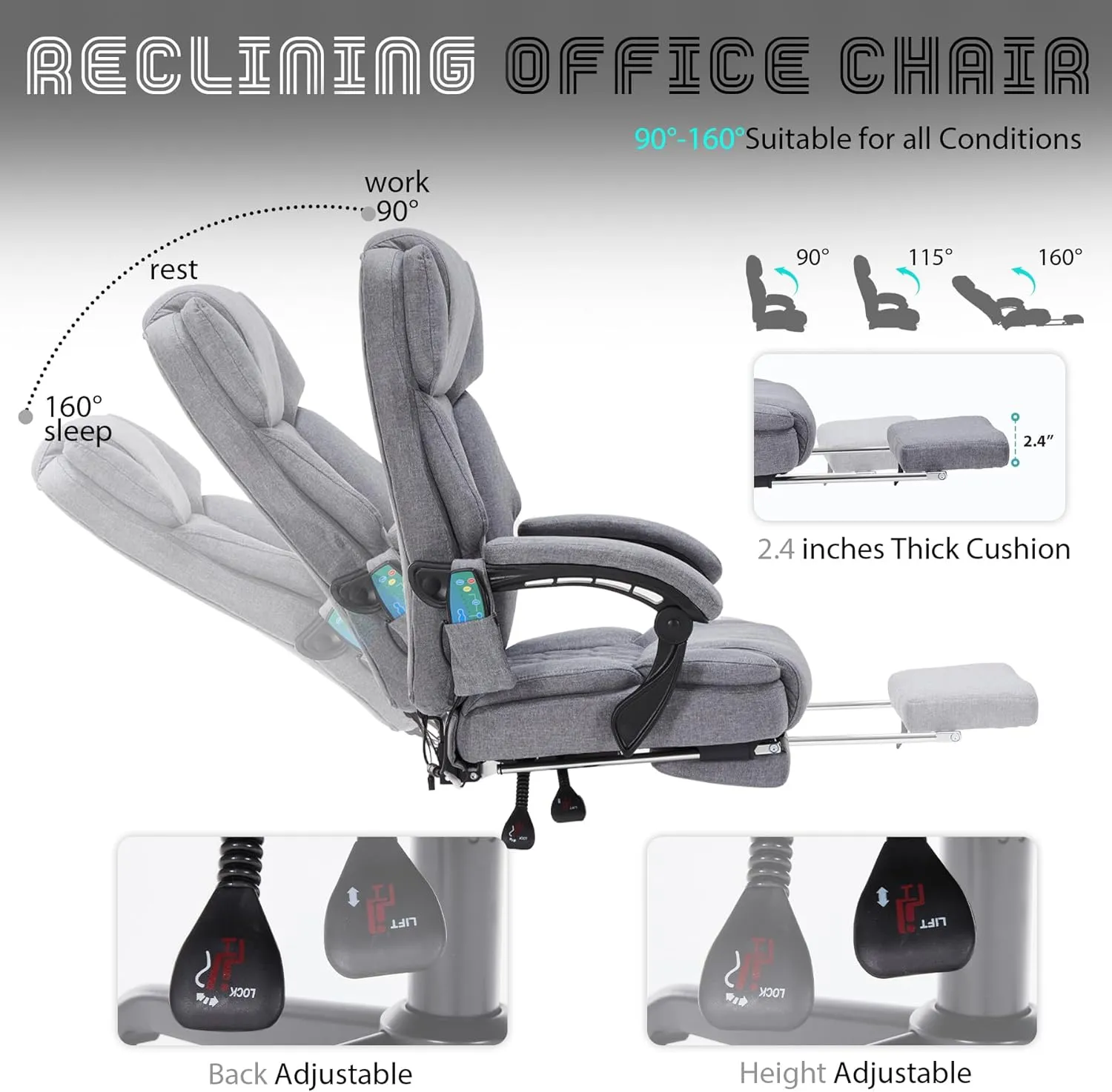 Massage Office Chair with Heat,Reclining Office Chair with Foot Rest,6 Points Vibration Home Desk Chairs for Heavy People 400lbs,Ergonomic Managerial Executive Chair (Grey)