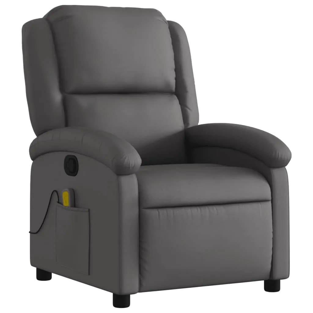 Massage Recliner Chair Gray Real Leather