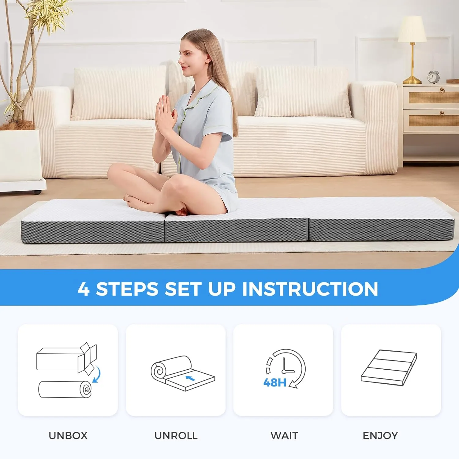 MASVIS Trifold Mattress, 3 Inch Memory Foam Foldable Mattress with Washable Cover, Tri-Folding Floor Bed for Camping, Full
