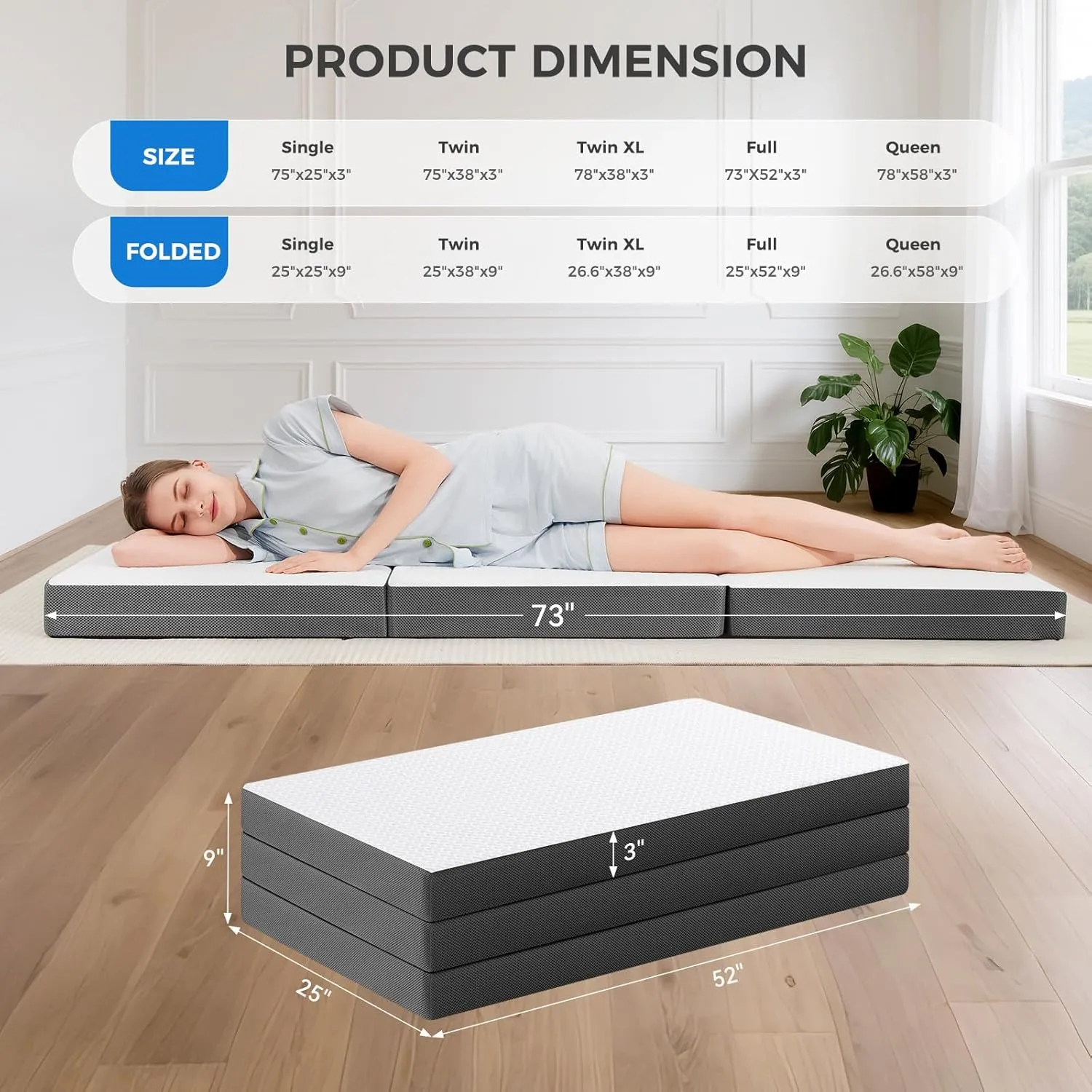 MASVIS Trifold Mattress, 3 Inch Memory Foam Foldable Mattress with Washable Cover, Tri-Folding Floor Bed for Camping, Full