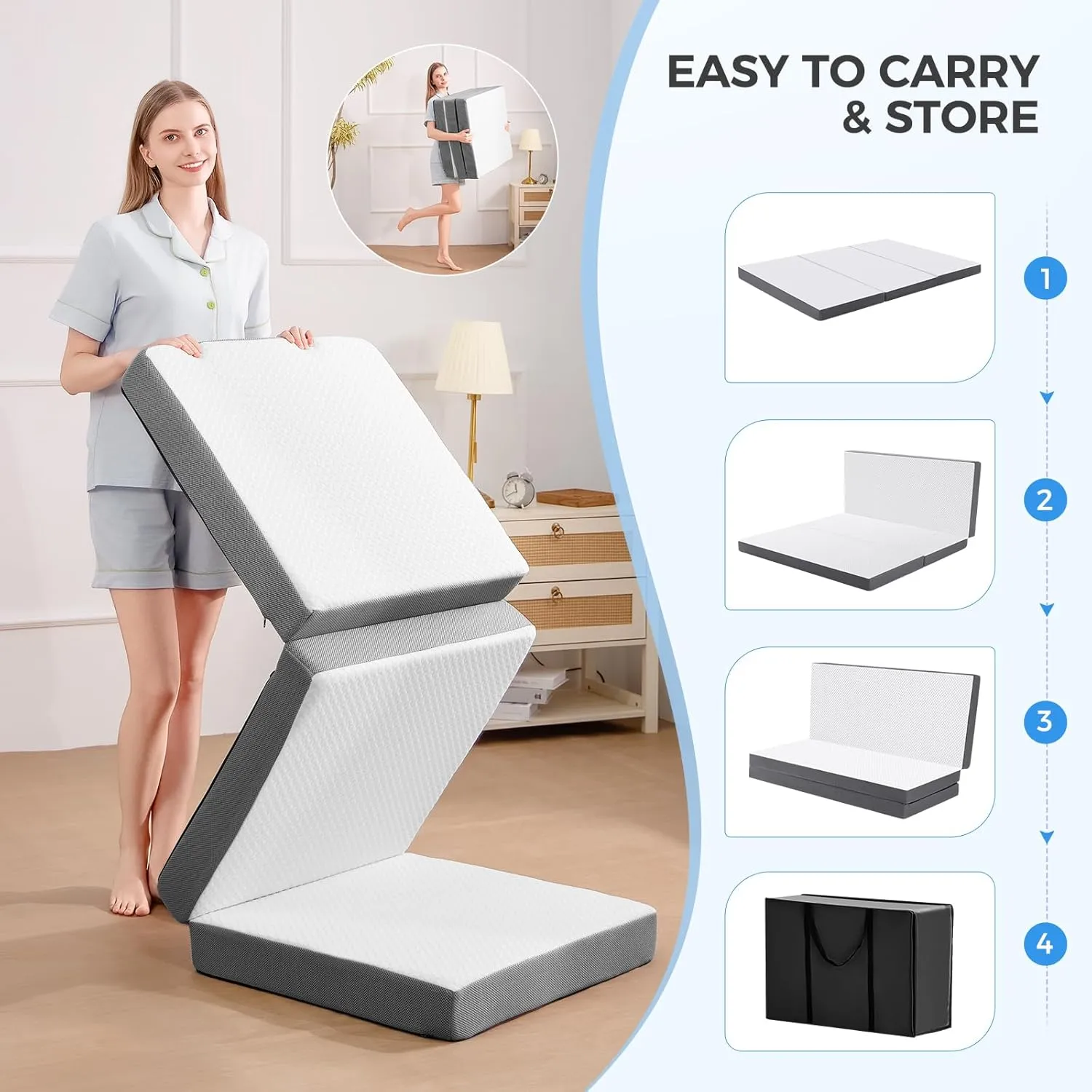 MASVIS Trifold Mattress, 3 Inch Memory Foam Foldable Mattress with Washable Cover, Tri-Folding Floor Bed for Camping, Full