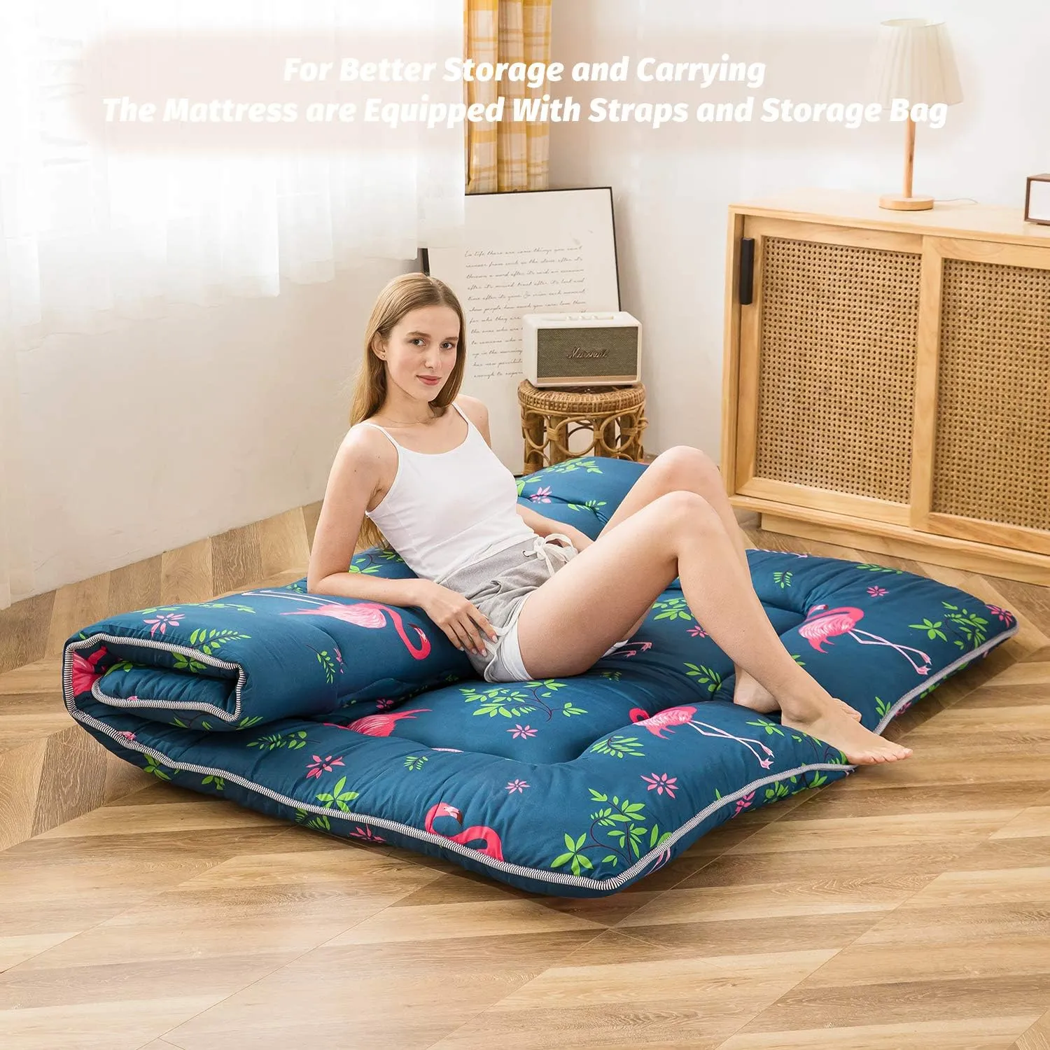 MAXYOYO Flamingo Japanese Floor Mattress Futon Mattress Boys Girls Foldable Bed Camping Mattress Floor Lounger Bed Couches and Sofas Mattress Topper Full Size