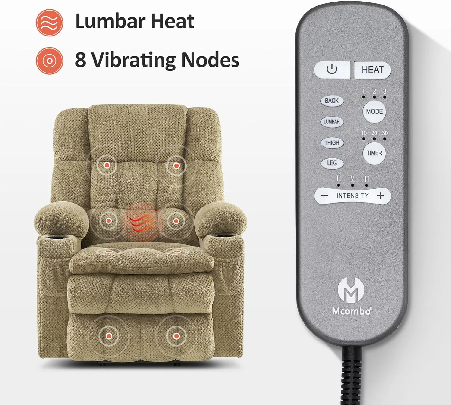 MCombo Dual Motor Power Lift Recliner Chair with Massage and Heat for Elderly People, Infinite Position, USB Ports, Cup Holders, Fabric 7890 (Medium, Beige)