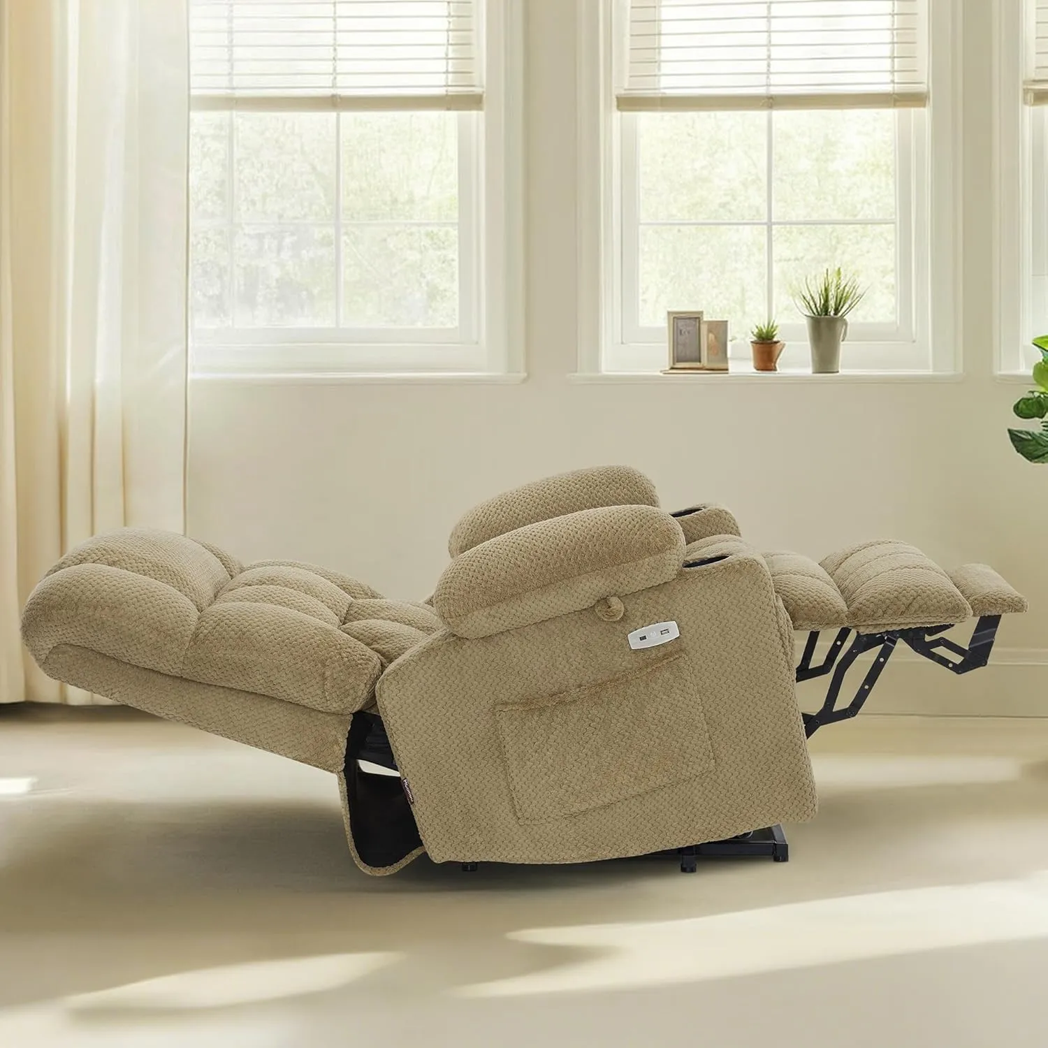 MCombo Dual Motor Power Lift Recliner Chair with Massage and Heat for Elderly People, Infinite Position, USB Ports, Cup Holders, Fabric 7890 (Medium, Beige)