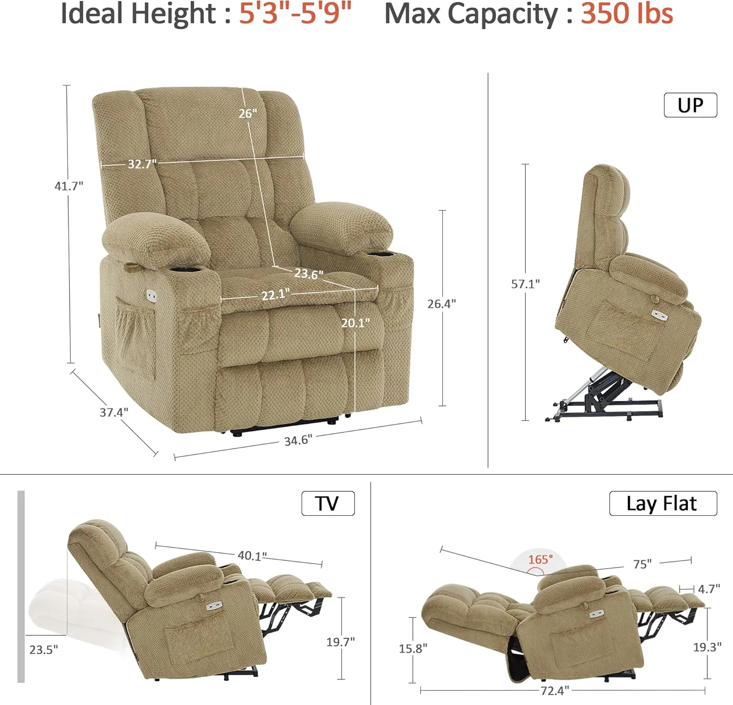 MCombo Dual Motor Power Lift Recliner Chair with Massage and Heat for Elderly People, Infinite Position, USB Ports, Cup Holders, Fabric 7890 (Medium, Beige)