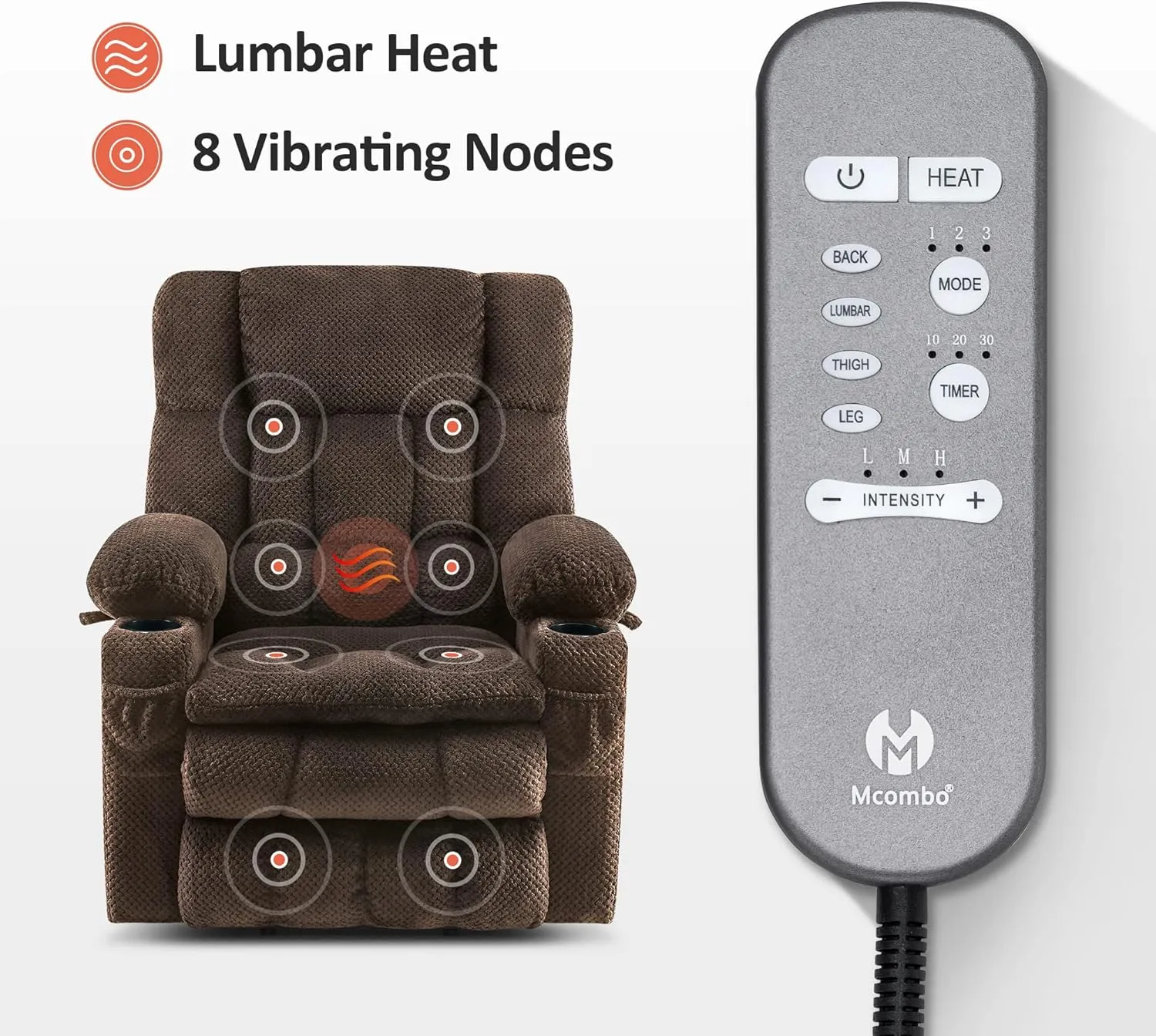 MCombo Dual Motor Power Lift Recliner Chair with Massage and Heat for Elderly People, Infinite Position, USB Ports, Cup Holders, Fabric 7890 (Medium, Mocha)