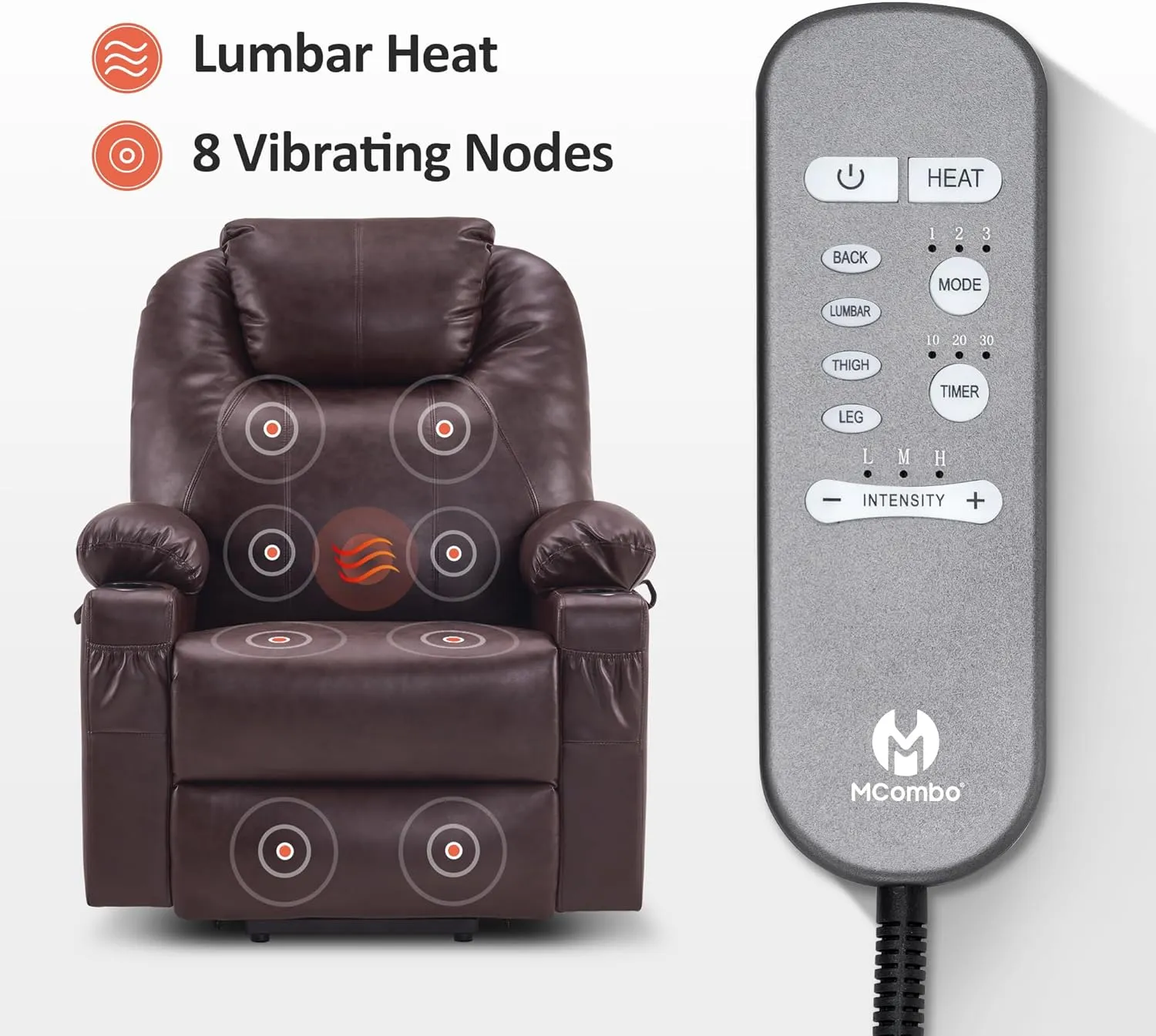 MCombo Large Lay Flat Dual Motor Power Lift Recliner Chair Sofa with Massage and Heat, USB Ports, Extended Footrest, for Elderly People, Infinite Position, Faux Leather 7815 (Dark Brown)
