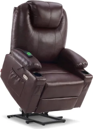 MCombo Large Lay Flat Dual Motor Power Lift Recliner Chair Sofa with Massage and Heat, USB Ports, Extended Footrest, for Elderly People, Infinite Position, Faux Leather 7815 (Dark Brown)