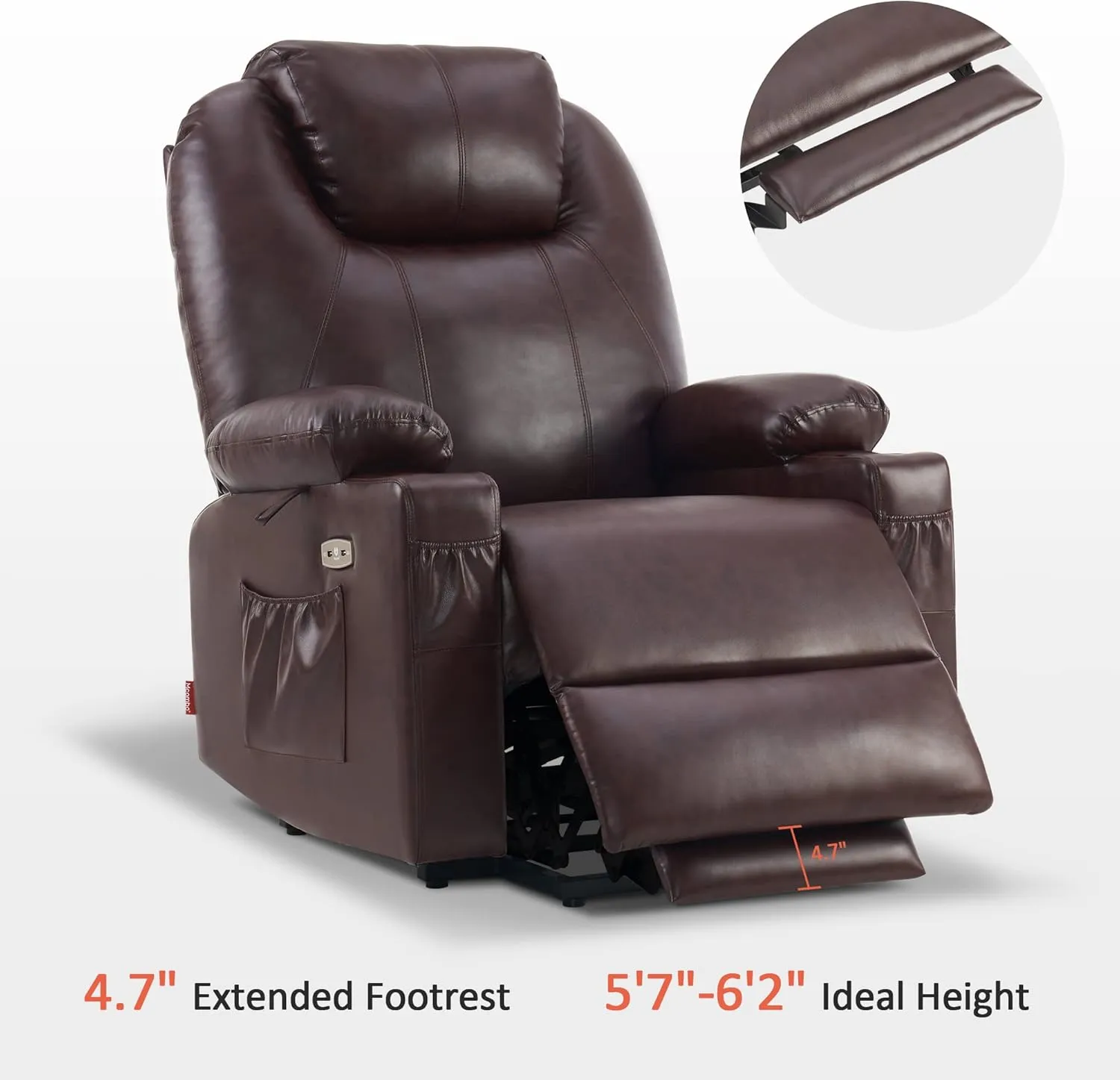 MCombo Large Lay Flat Dual Motor Power Lift Recliner Chair Sofa with Massage and Heat, USB Ports, Extended Footrest, for Elderly People, Infinite Position, Faux Leather 7815 (Dark Brown)